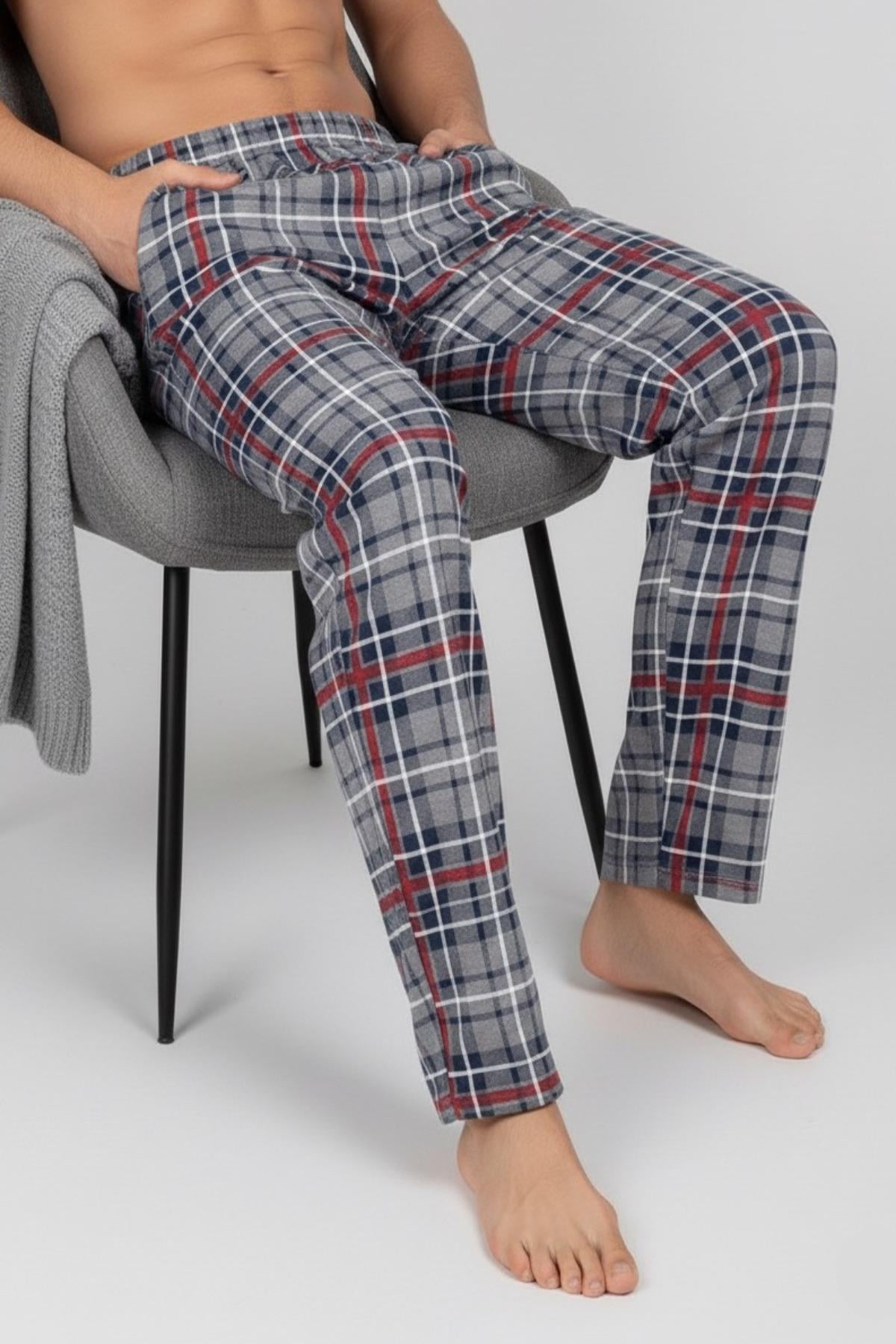 Yüksek Kalite Pamuk Cepli Erkek Ekoseli Pijama Altı 1485