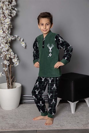 Erkek Çocuk Geyik Desenli Pamuklu Kışlık Kalın Polar Pijama Takımı 2691-Yeşil