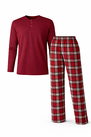 Erkek Mevsimlik Uzun Kollu 3 Düğmeli Ekose Alt Pijama Takımı 16649