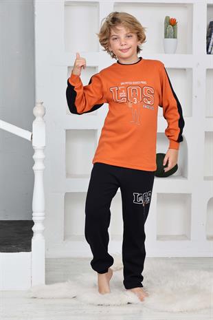 Yeni Sezon Erkek Çocuk Gez Garson LOS Basketball Desenli Uzun Kollu Pamuk İnterlok Pijama Takımı 5158-Turuncu