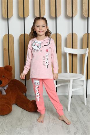 Yeni Sezon Kız Çocuk Garson Uzun Kollu Pamuk Cat Desen Penye Pijama Takımı 6053