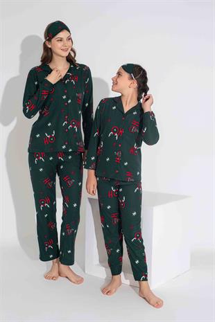Yeni Sezon Sonbahar/Kış Anne / Kız Çocuk Geyik Desenli Süet Pijama Takımı 2724-11 Zümrüt Yeşili