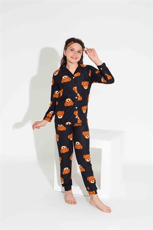 Yeni Sezon Sonbahar/Kış Anne / Kız Çocuk Ayıcık Desenli Süet Pijama Takımı 2724-1 Siyah Ayıcık