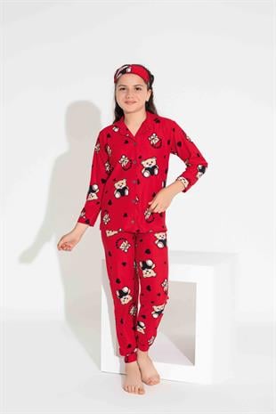 Yeni Sezon Sonbahar/Kış Kız Çocuk Ayıcık Desenli Süet Pijama Takımı 2724-Kırmızı