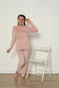 Yeni Sezon Trend Model Kadife Kız Çocuk Pijama Takımı 5990-Pudra