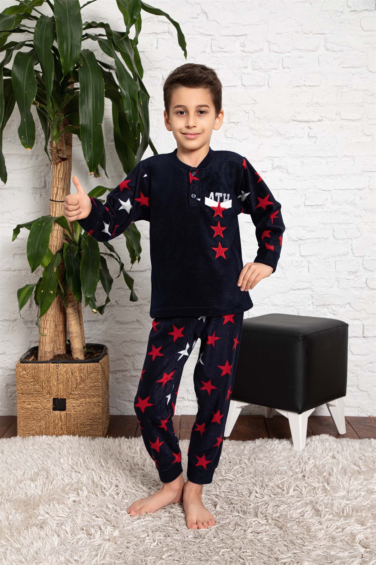Erkek Çocuk Gez Garson Boy Yıldız Desenli Pamuklu Kışlık Kalın Polar Pijama  Takımı 2682-Lacivert