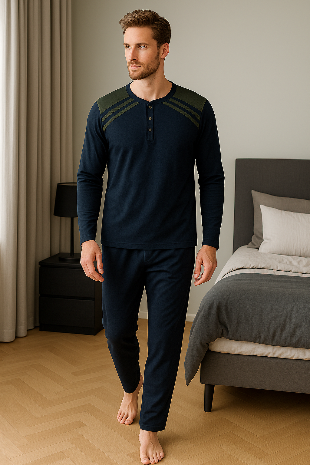 Erkek İnterlok Rahat Kalıp Sıfır Yaka Pamuk Pijama Takımı 6772