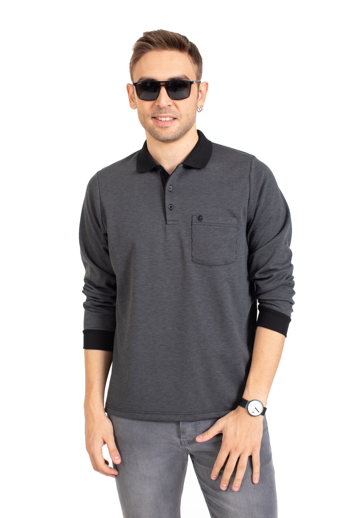 Erkek Orta Yaş ve Üzeri Polo Yaka Cepli Uzun Kollu Fitilli Mevsimlik Sweatshirt 1219-Füme