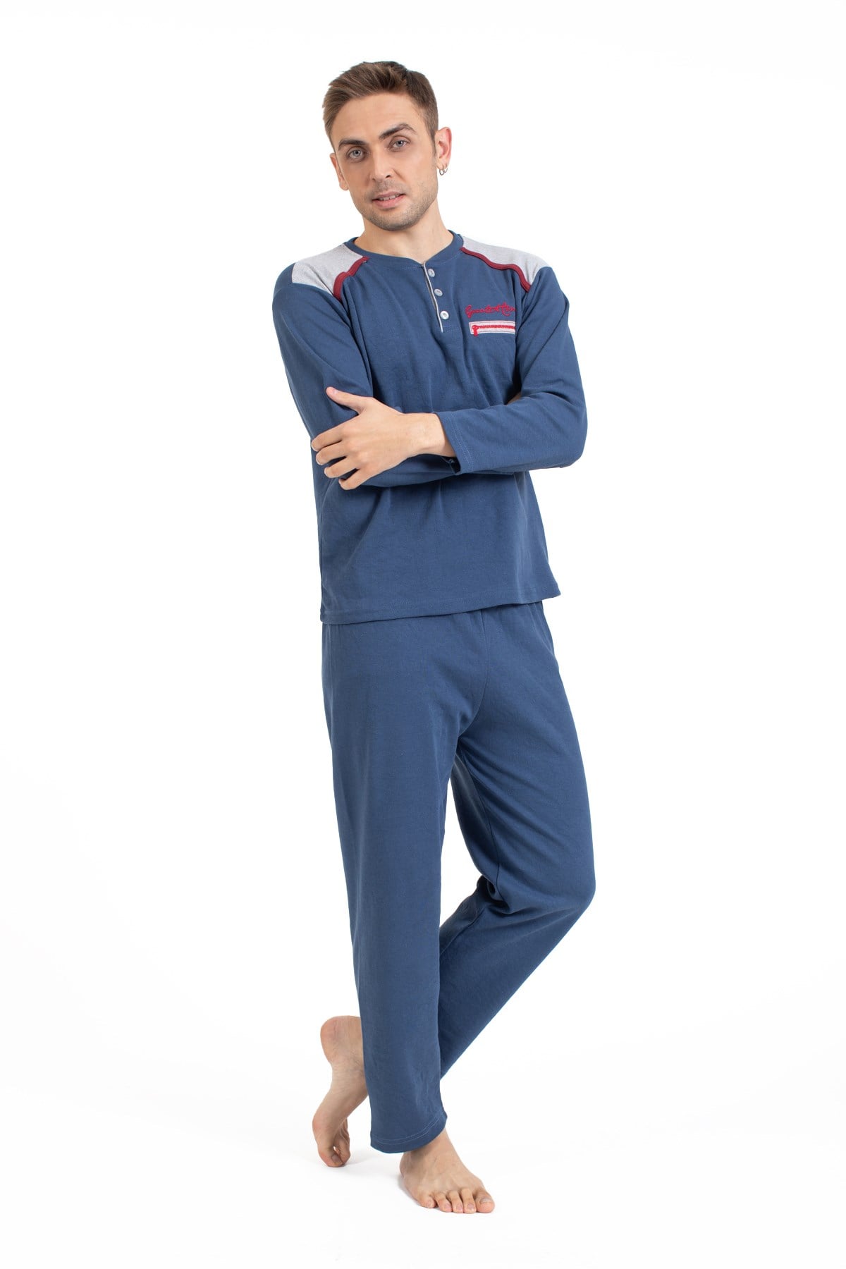 Erkek Penye Pamuklu İnterlok Rahat Kalıp Sıfır Yaka Pijama Takımı 3600 - İndigo Mavi