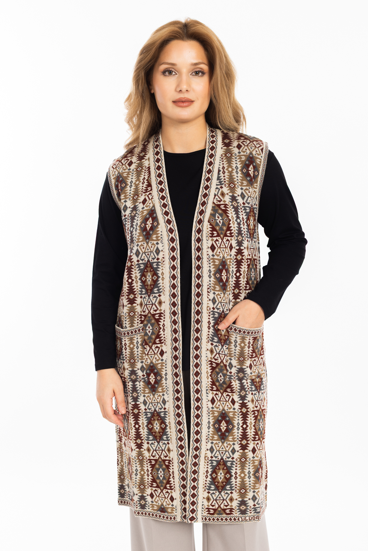 Kadın Klasik Etnik Desen Triko Örgü Kilim Anne Yelek 1052 Uzun