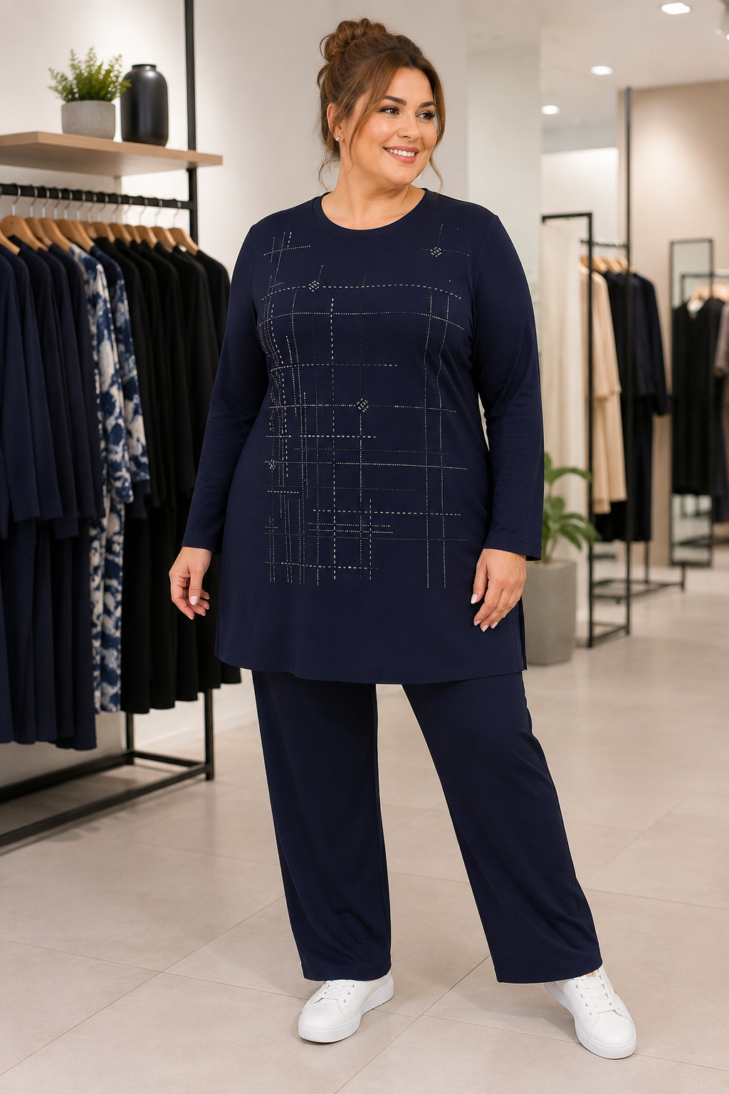Kadın Orta Yaş ve Üzeri Büyük Beden Taş İşlemeli Tunik Pantolon Anne Takım 1424