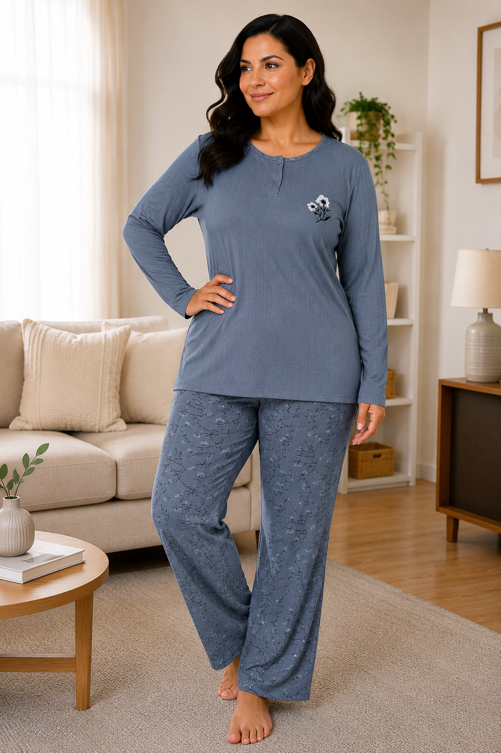 Kadın Orta Yaş ve Üzeri Regular Büyük Beden Esinti Kumaş Anne Pijama Takımı 4575