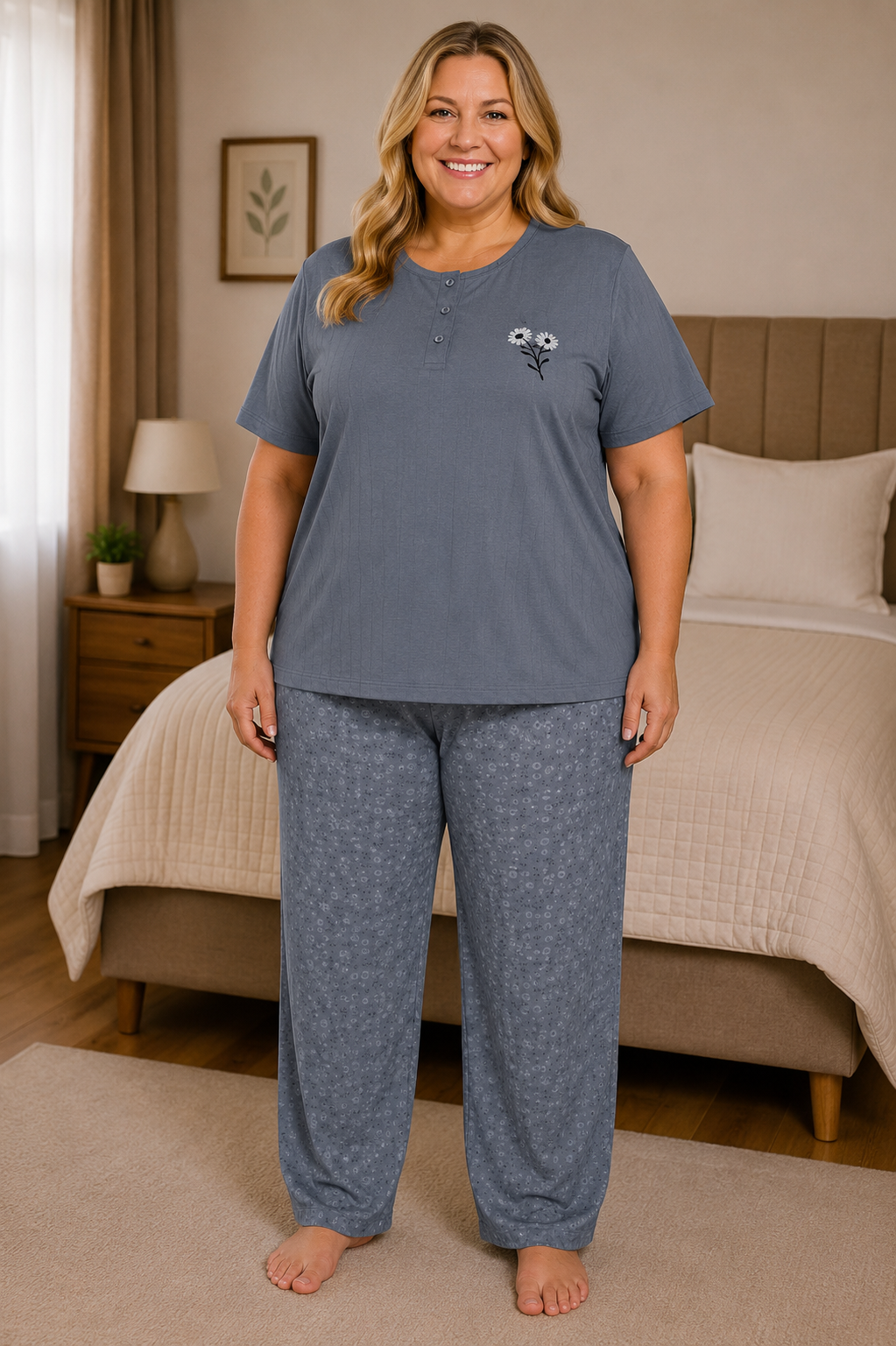Kadın Orta Yaş ve Üzeri Regular Büyük Beden Esinti Kumaş Anne Pijama Takımı 5021
