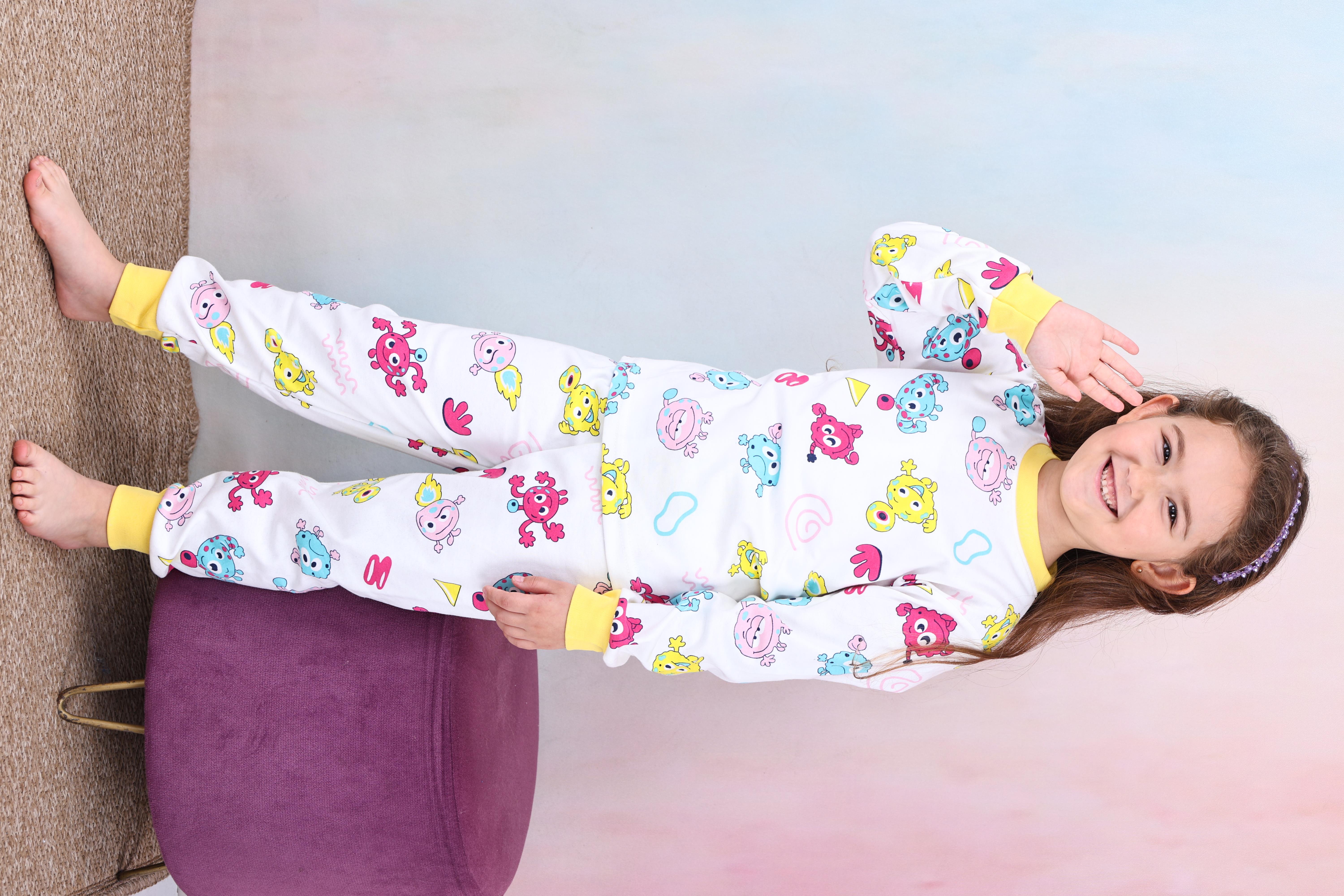 Kız Çocuk %100 Pamuk Pijama Takımı 1810-Sarı