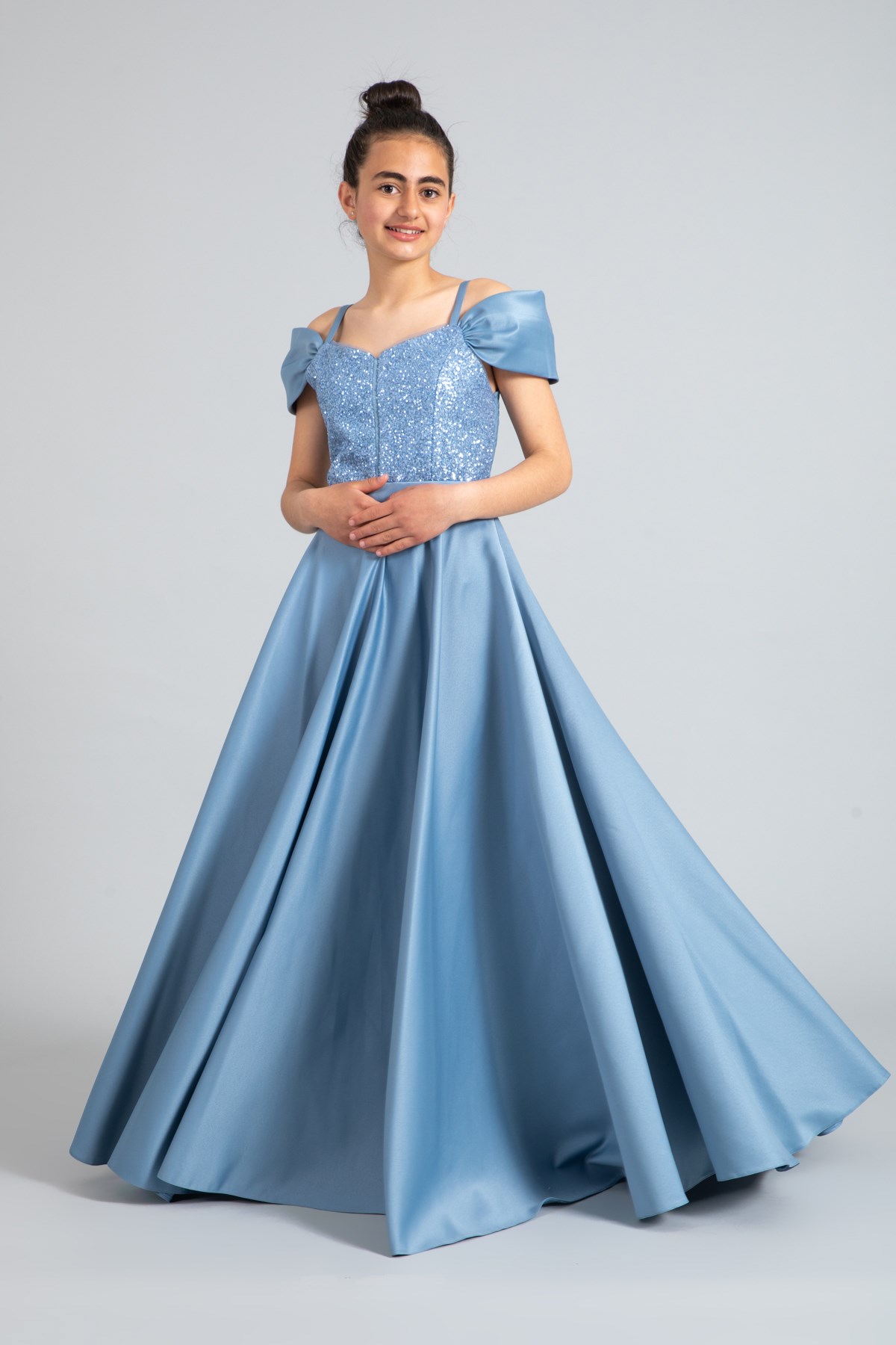 Kız Çocuk Omuz Detaylı Tafta Kumaş Uzun Abiye Elbise 5355-Renk İndigo Mavi  10-14 Yaş