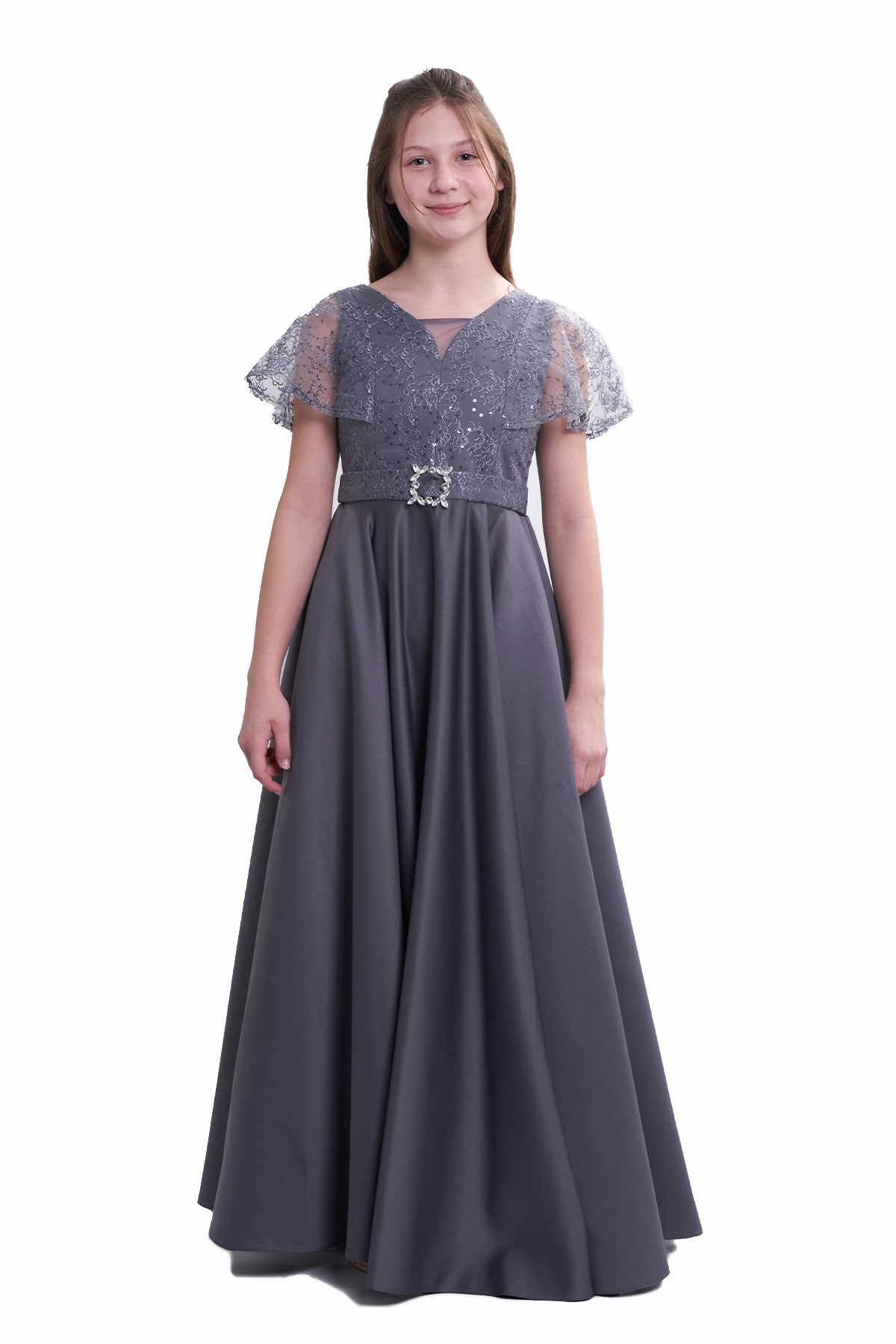 Kız Çocuk/Genç Tafta Kumaş Abiye Elbise Düğün Balo Mezuniyet Özel Gün 5318  Koyu Gri 10-14 Yaş