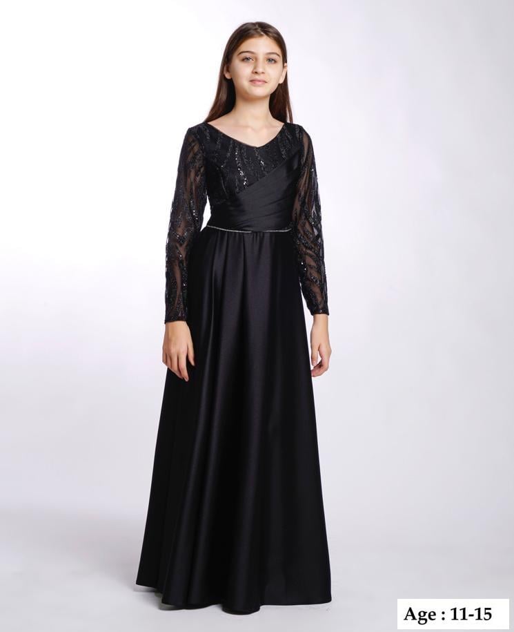 Kız Çocuk/Genç Yeni Moda Tafta Kumaş Uzun Kollu Tam Kalıp Abiye Elbise 5799