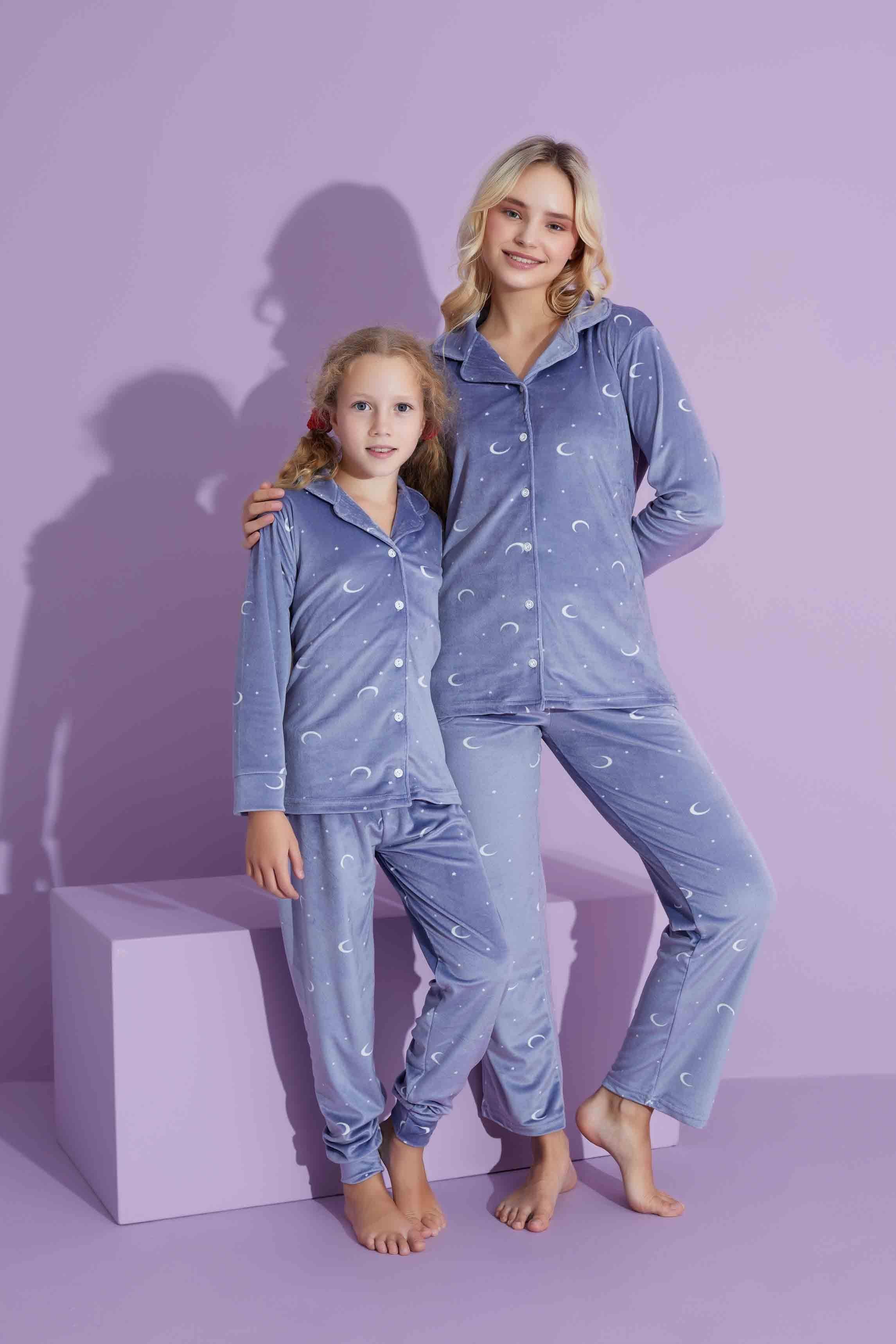 Yeni Sezon Ay Desenli Trend Model Kadife Düğmeli Anne/Kız Çocuk Pijama Takımı 2800-Gri