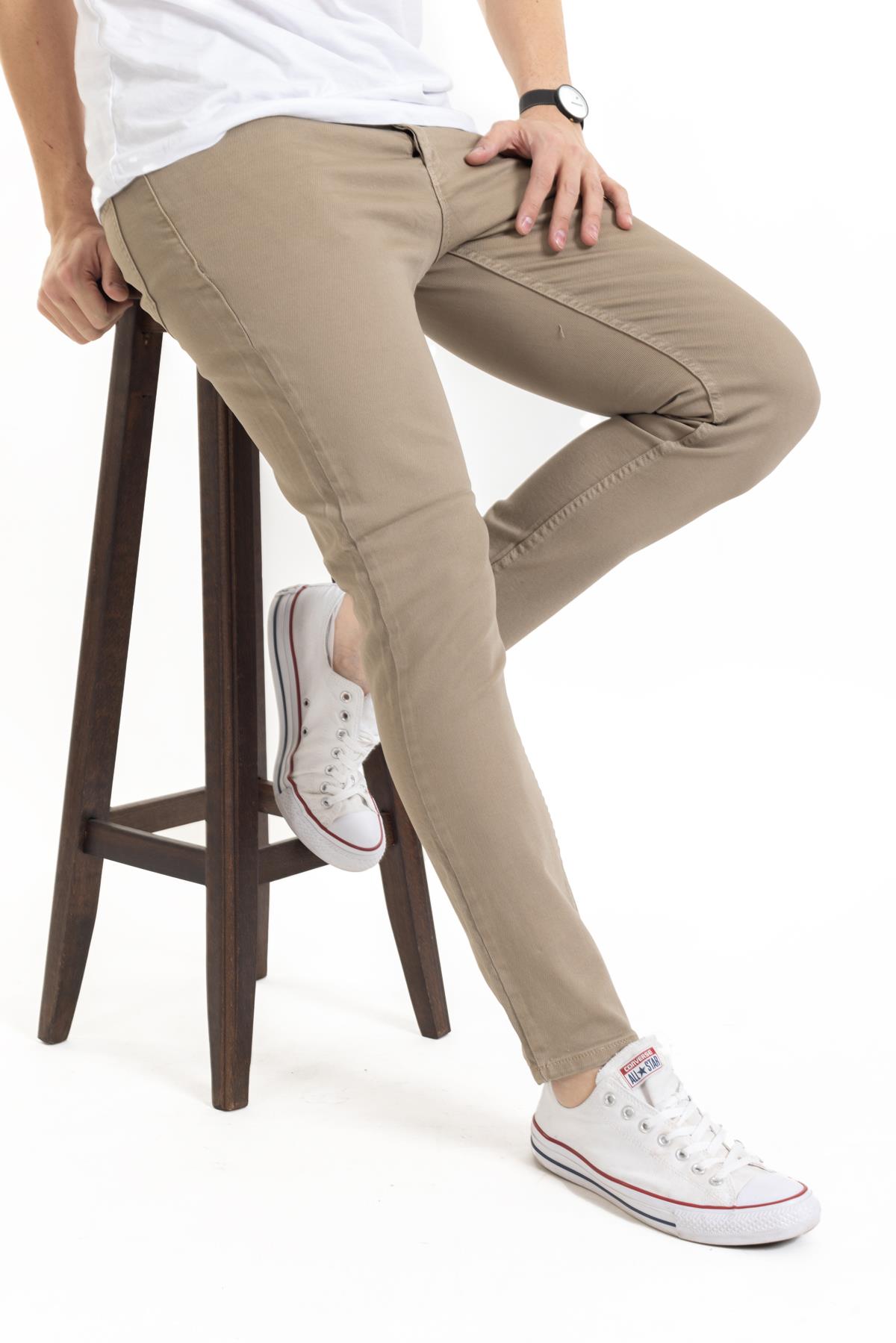 Yeni Sezon Erkek Denim Slim Fit Likralı Kot Jean Pantolon 2165-Vizon