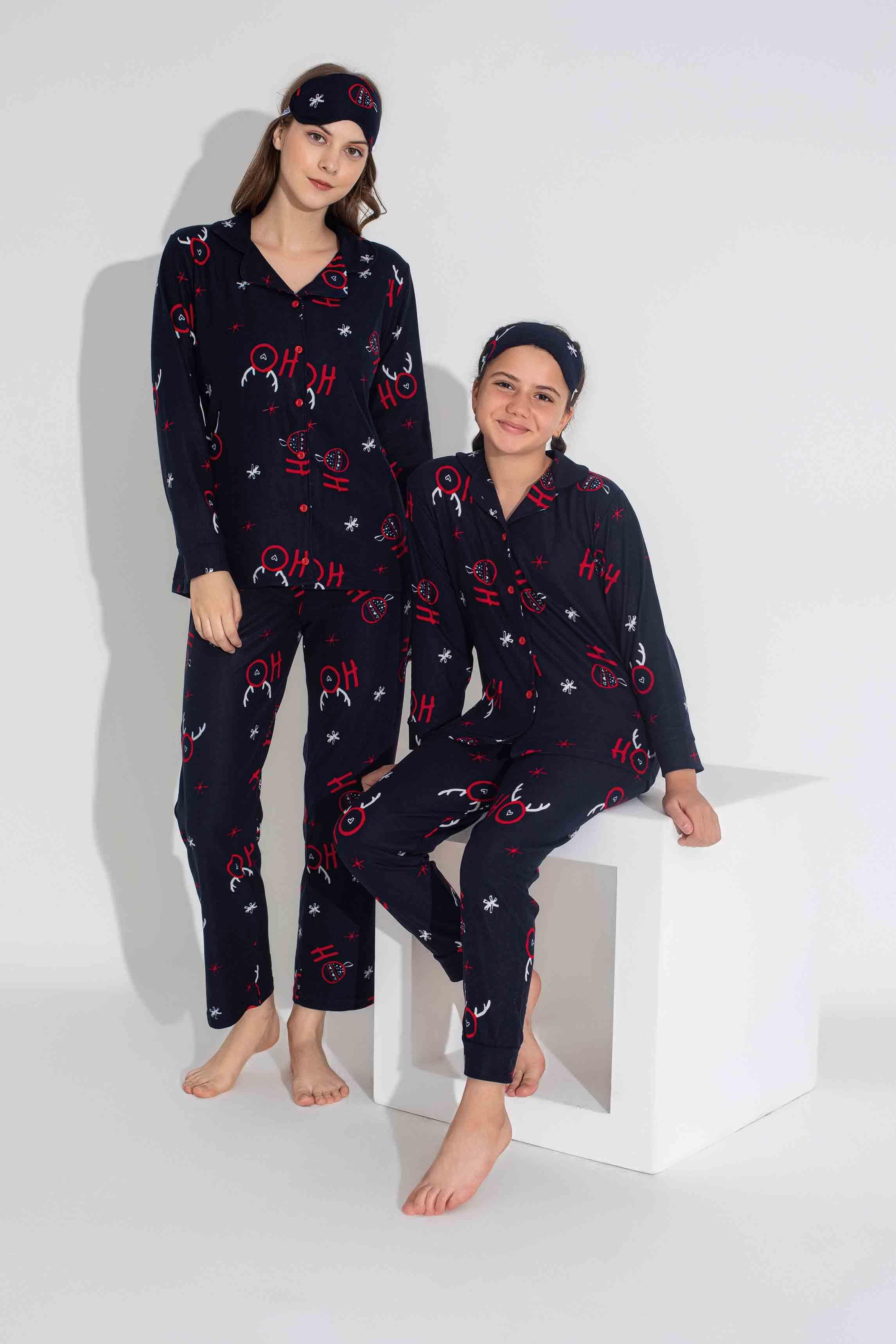 Yeni Sezon Sonbahar/Kış Anne / Kız Çocuk Geyik Desenli Süet Pijama Takımı 2724-11 Lacivert