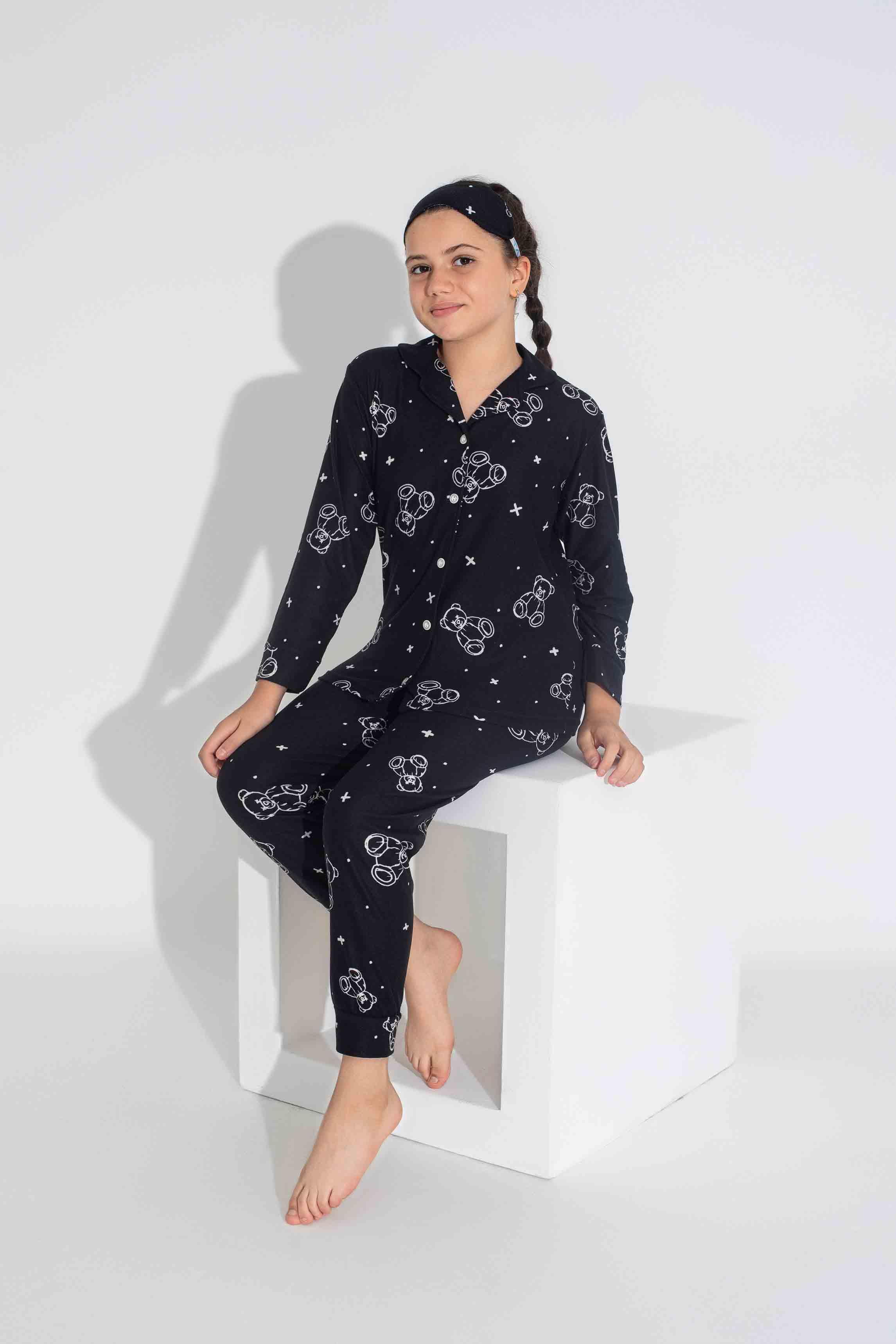 Yeni Sezon Sonbahar/Kış Anne / Kız Çocuk Kombin Ayıcık Desenli Süet Pijama Takımı 2724-9 Siyah