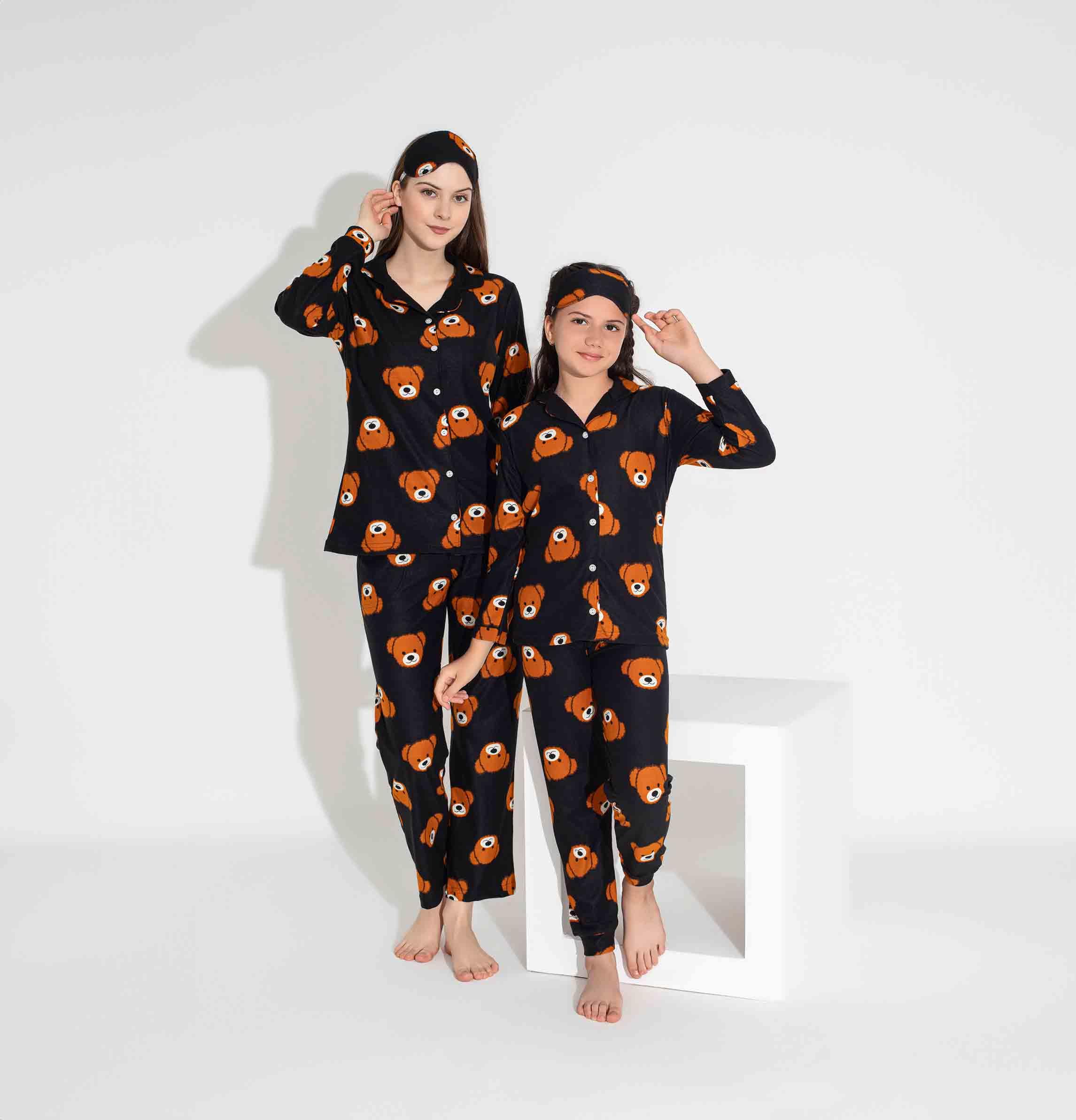 Yeni Sezon Sonbahar/Kış Anne / Kız Çocuk Ayıcık Desenli Süet Pijama Takımı 2724-1 Siyah Ayıcık