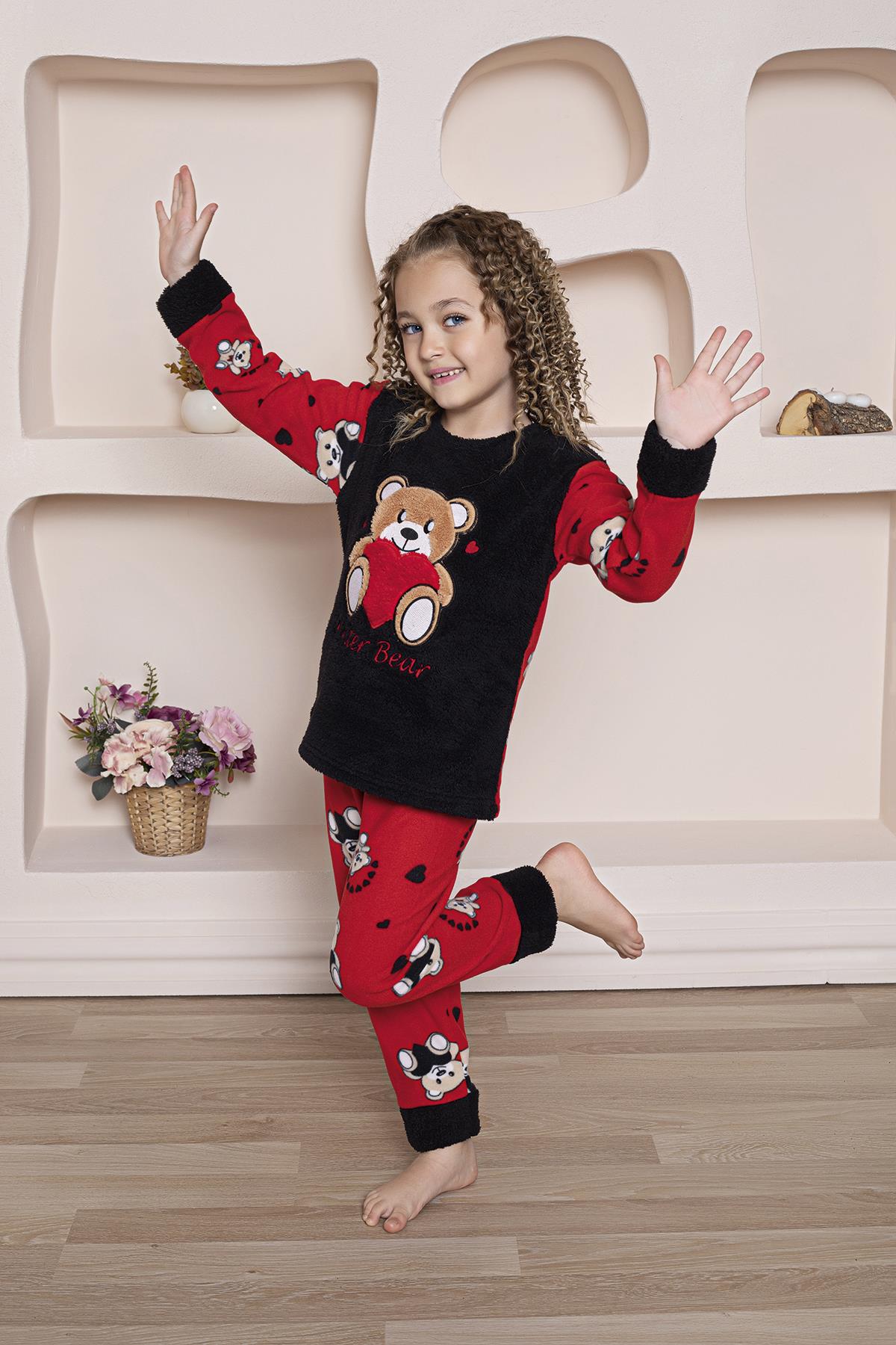 Yeni Sezon Sonbahar/Kış Kız Çocuk Ayıcık Desenli Polar Pijama Takımı 4940
