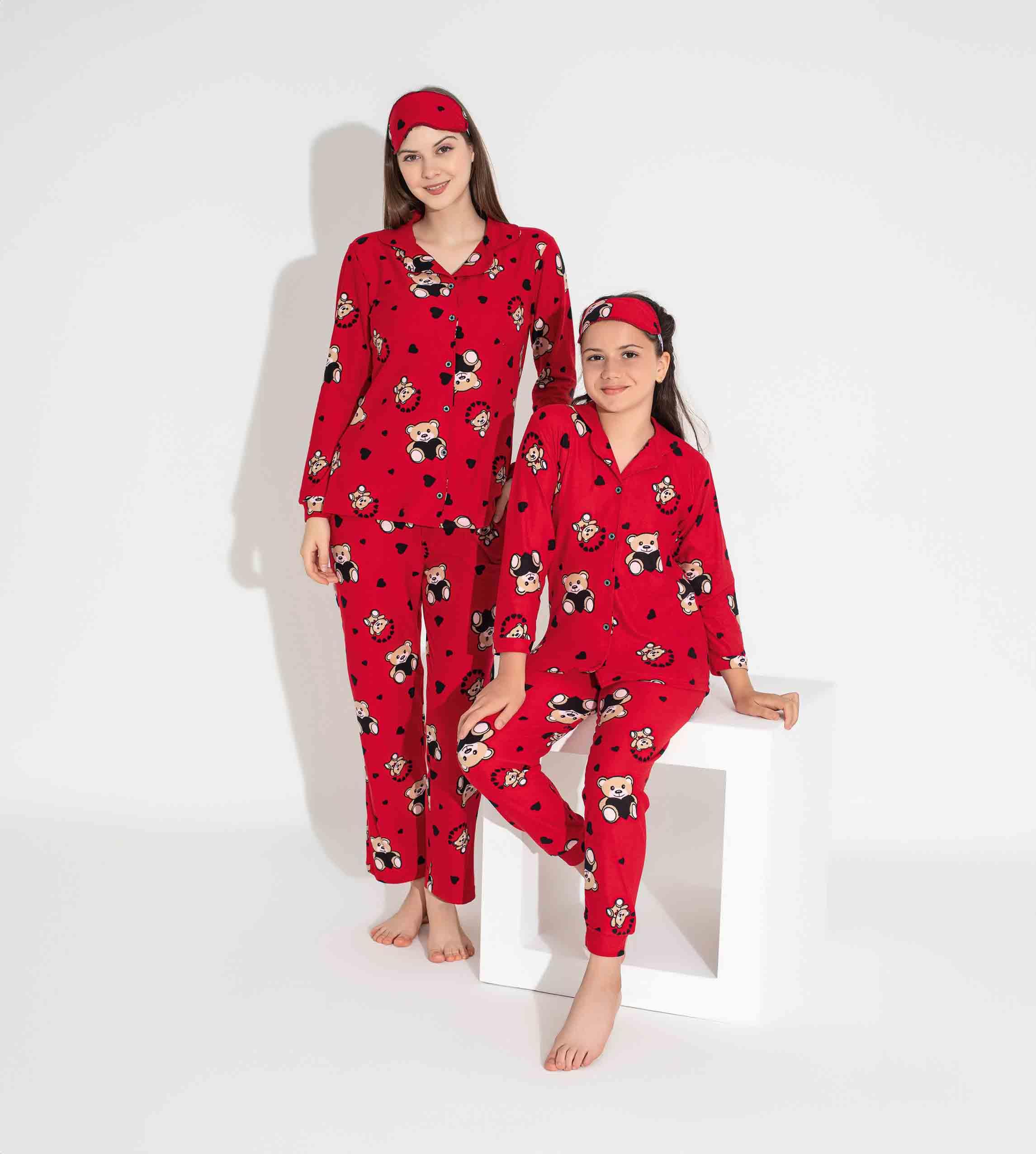 Yeni Sezon Sonbahar/Kış Kız Çocuk Ayıcık Desenli Süet Pijama Takımı 2724-Kırmızı