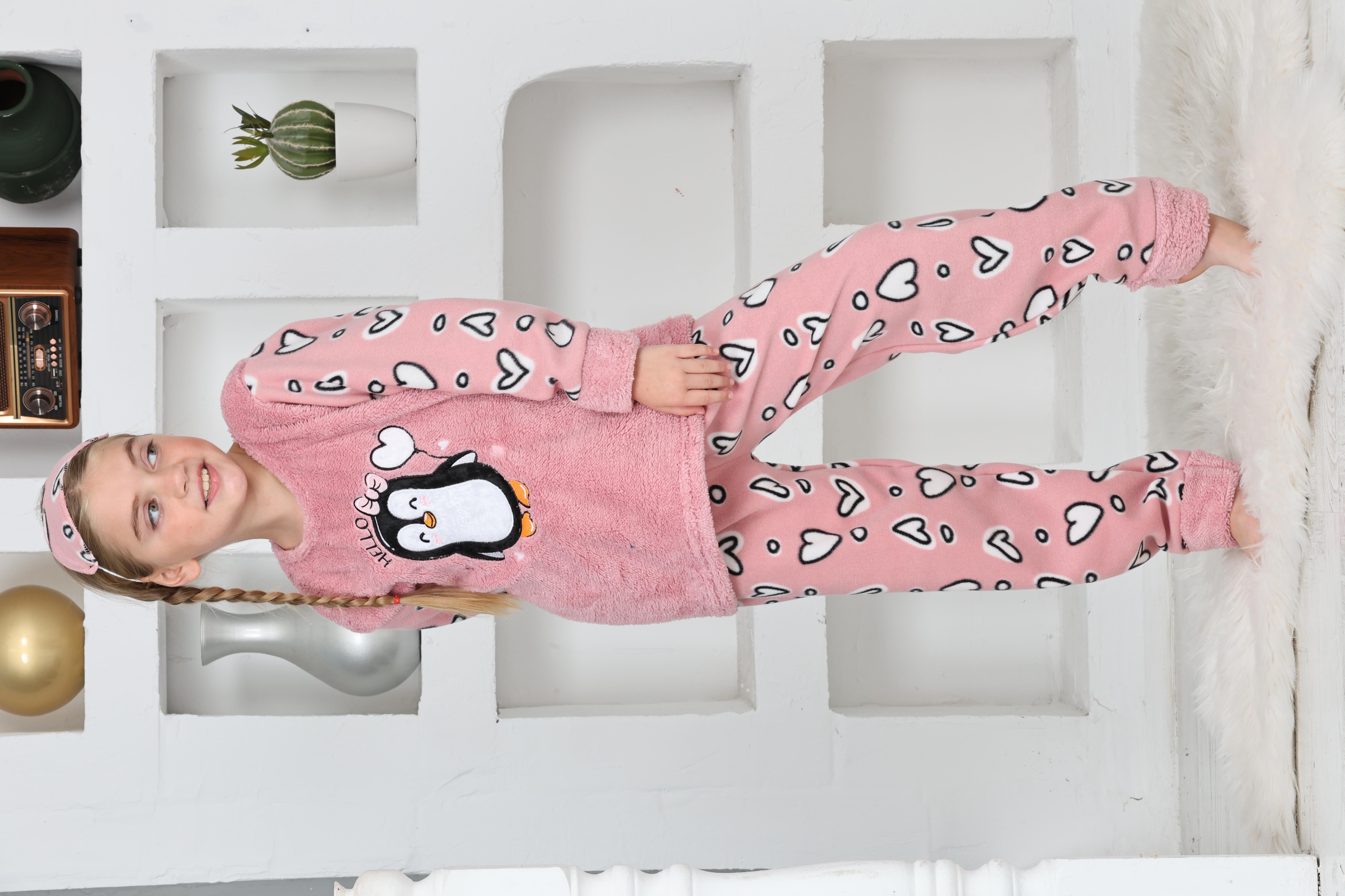 Yeni Sezon Sonbahar/Kış Kız Çocuk Penguen Desenli Polar Pijama Takımı 4994