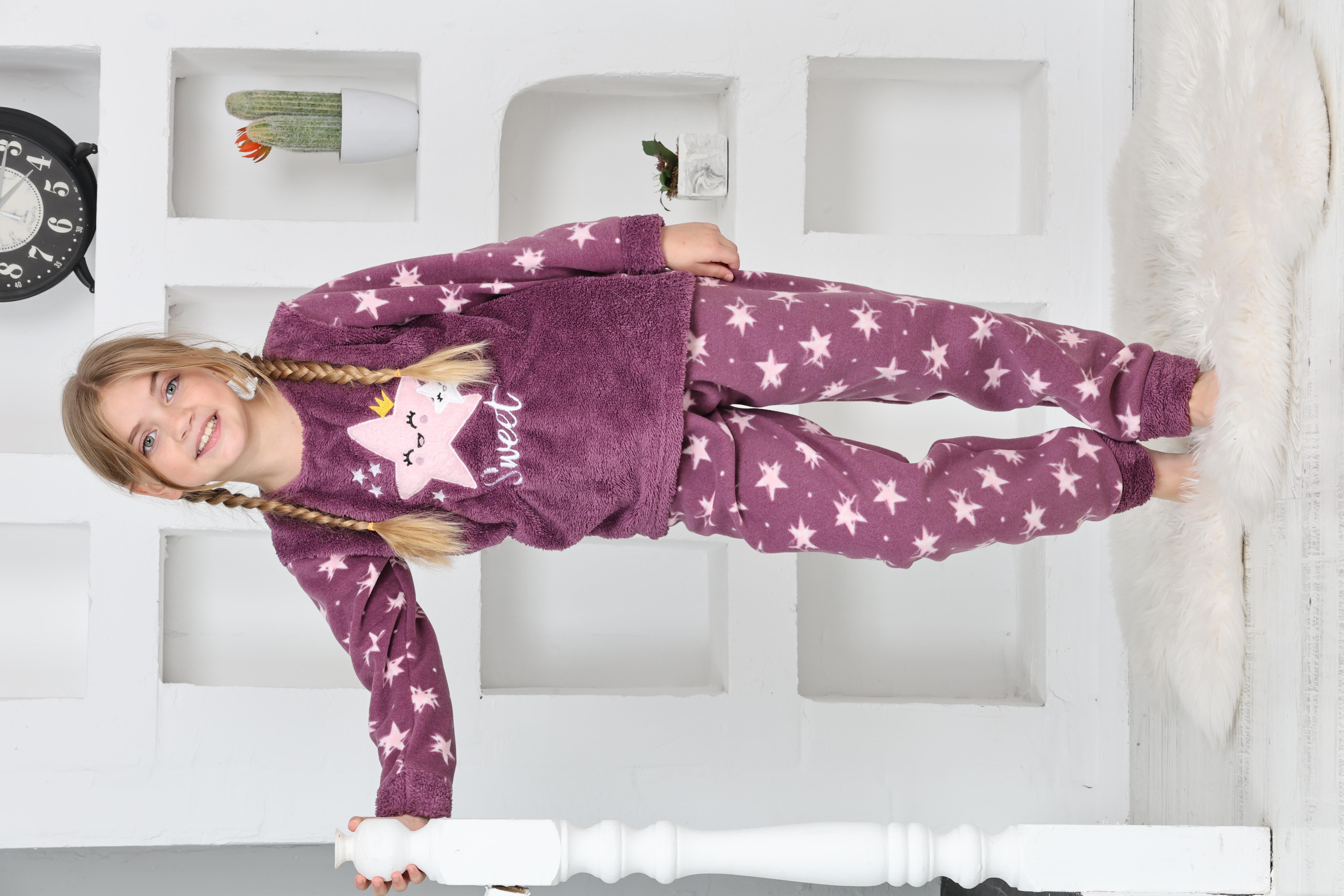 Yeni Sezon Sonbahar/Kış Kız Çocuk Yıldız Desenli Polar Pijama Takımı 4100-Mor