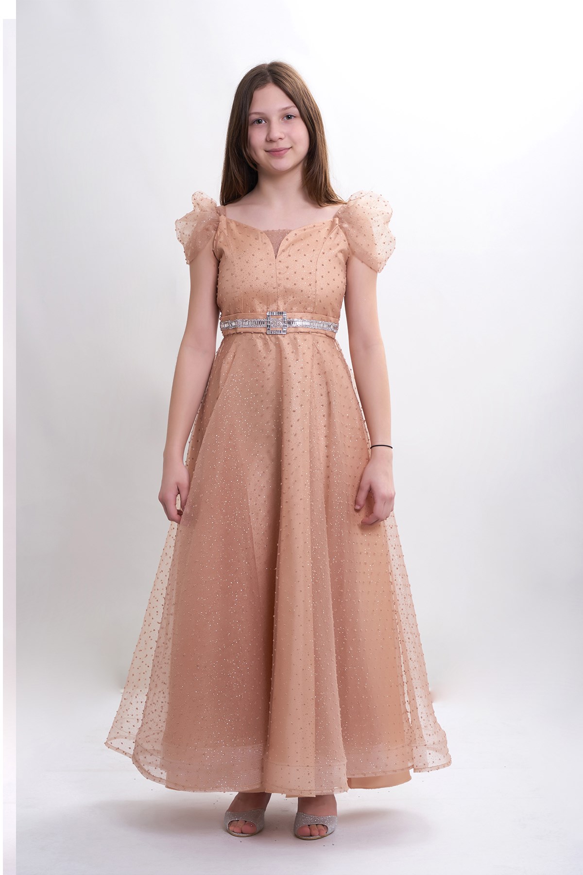 Yeni Tasarım Kız Çocuk/Genç Sim ve Tül Detaylı Abiye Elbise Mezuniyet/Düğün  5315 Renk Gold 10-14 Yaş