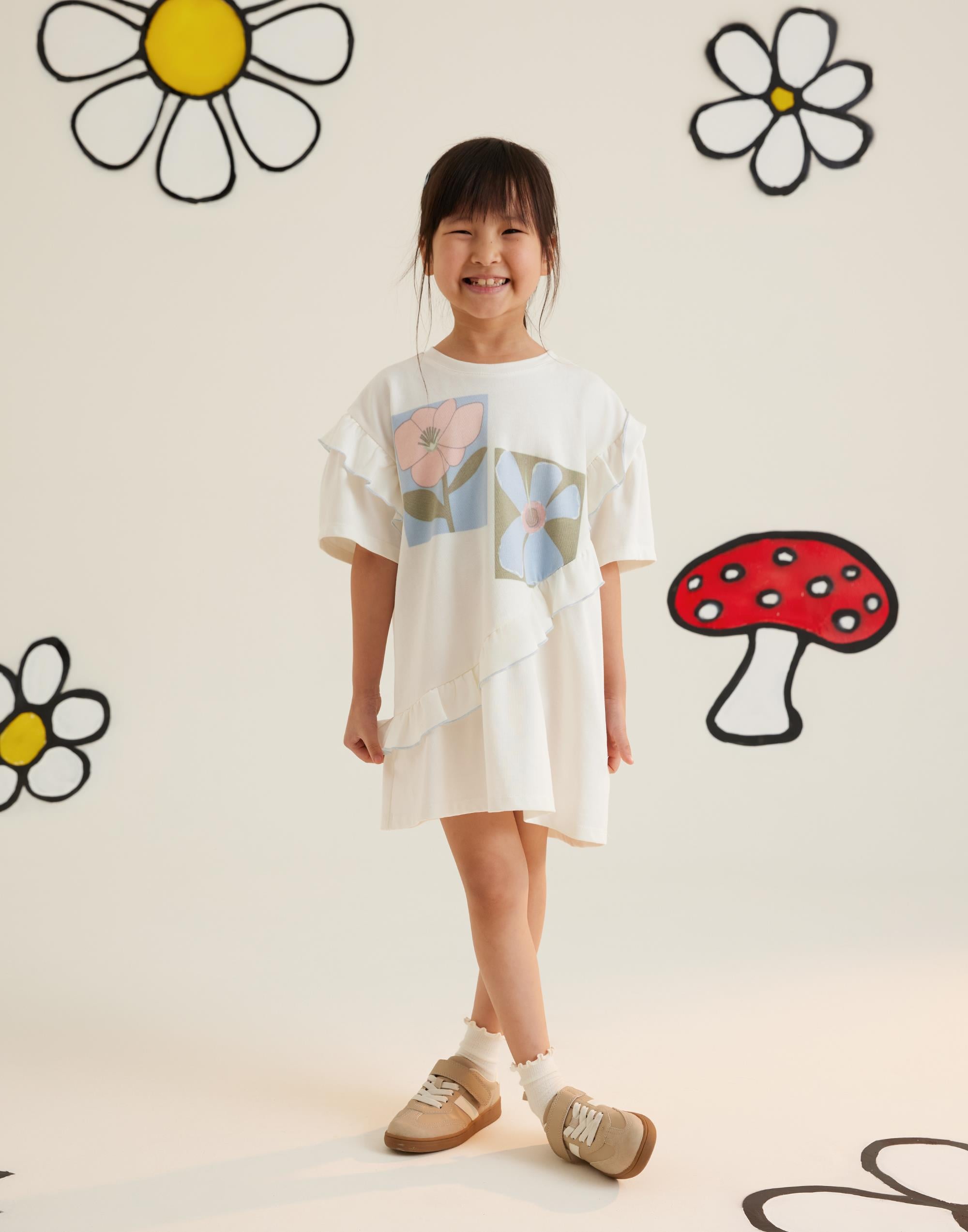 Baskılı Fırfır Detaylı Ekru Elbise - junior, designer dresses, bachelorette, party dresses and graduation dresses.