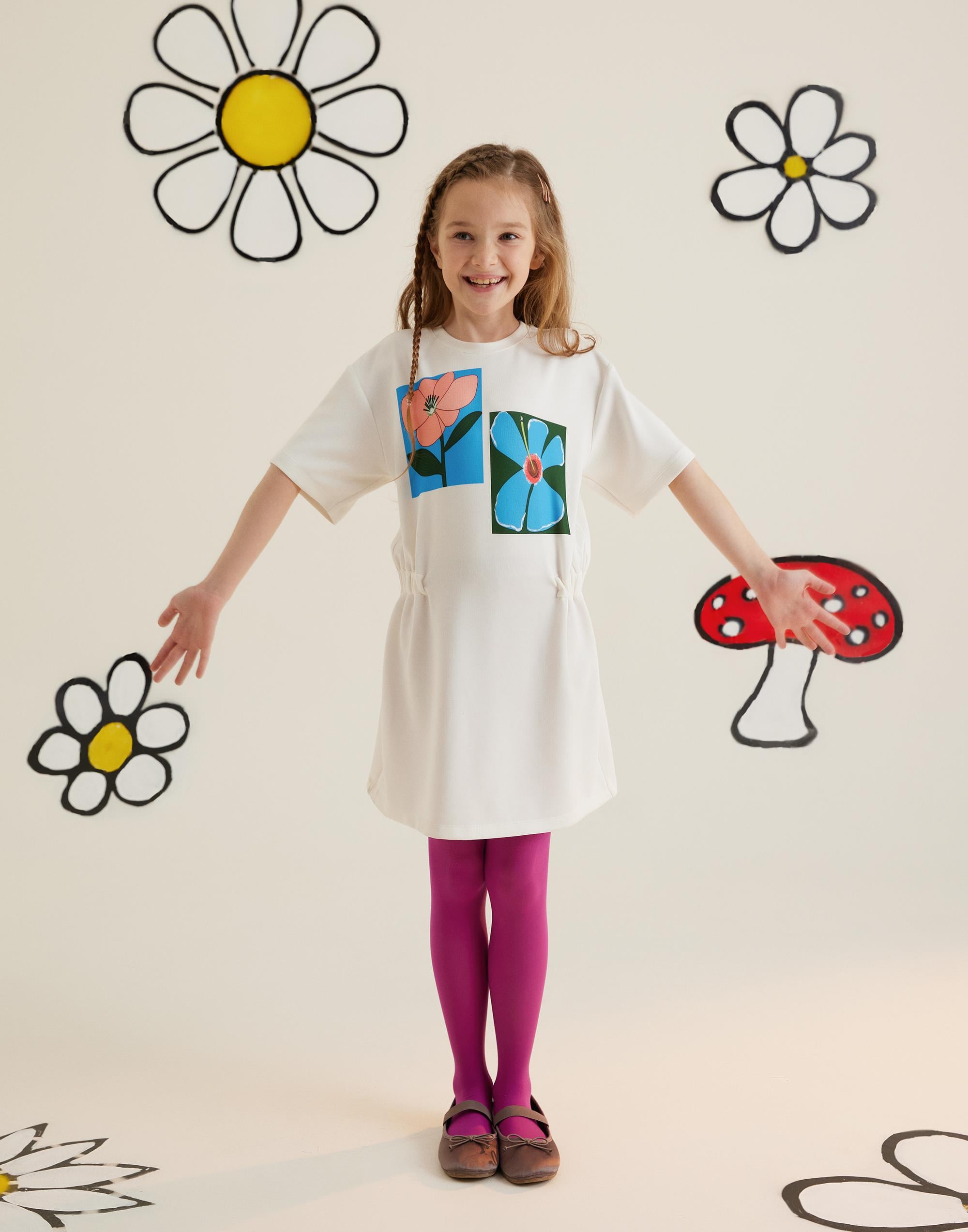Belden Lastikli Baskılı Yarım Kol Ekru Elbise - junior, designer dresses, bachelorette, party dresses and graduation dresses.