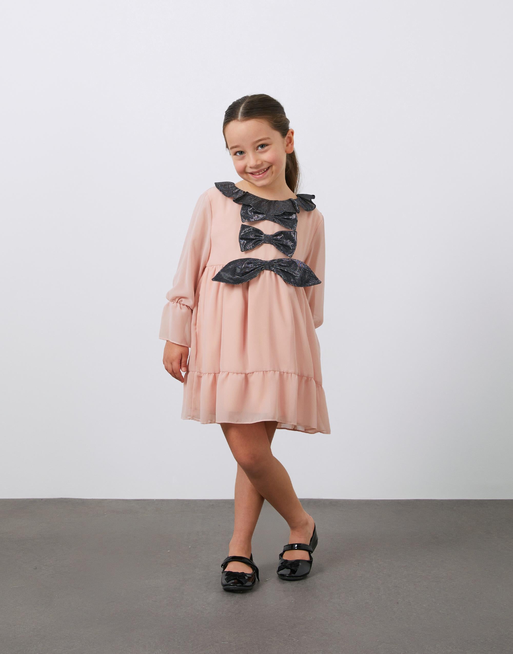 Fiyonk Detaylı Pembe Kız Çocuk Şifon Elbise - junior, designer dresses, bachelorette, party dresses and graduation dresses.