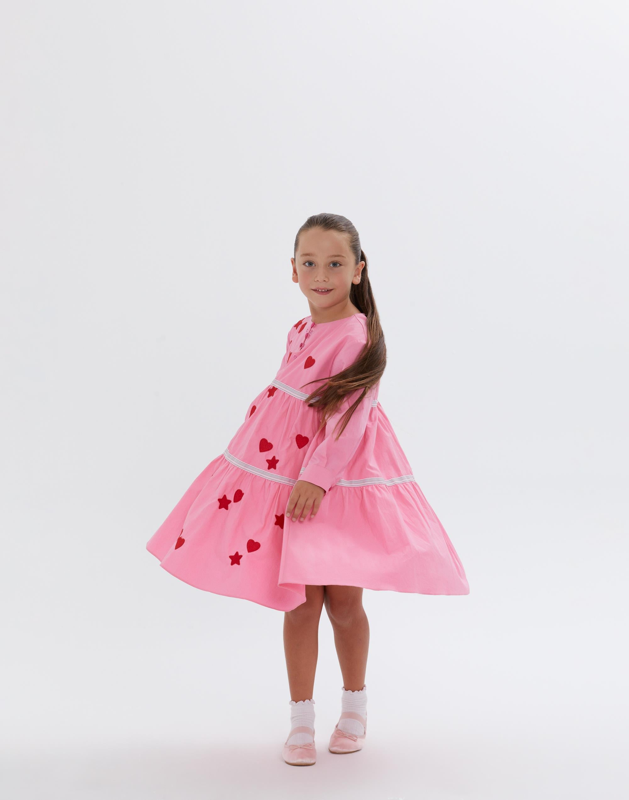 Kloş Etekli Uzun Kollu Kısa Pembe Kız Çocuk Elbise - junior, designer dresses, bachelorette, party dresses and graduation dresses.