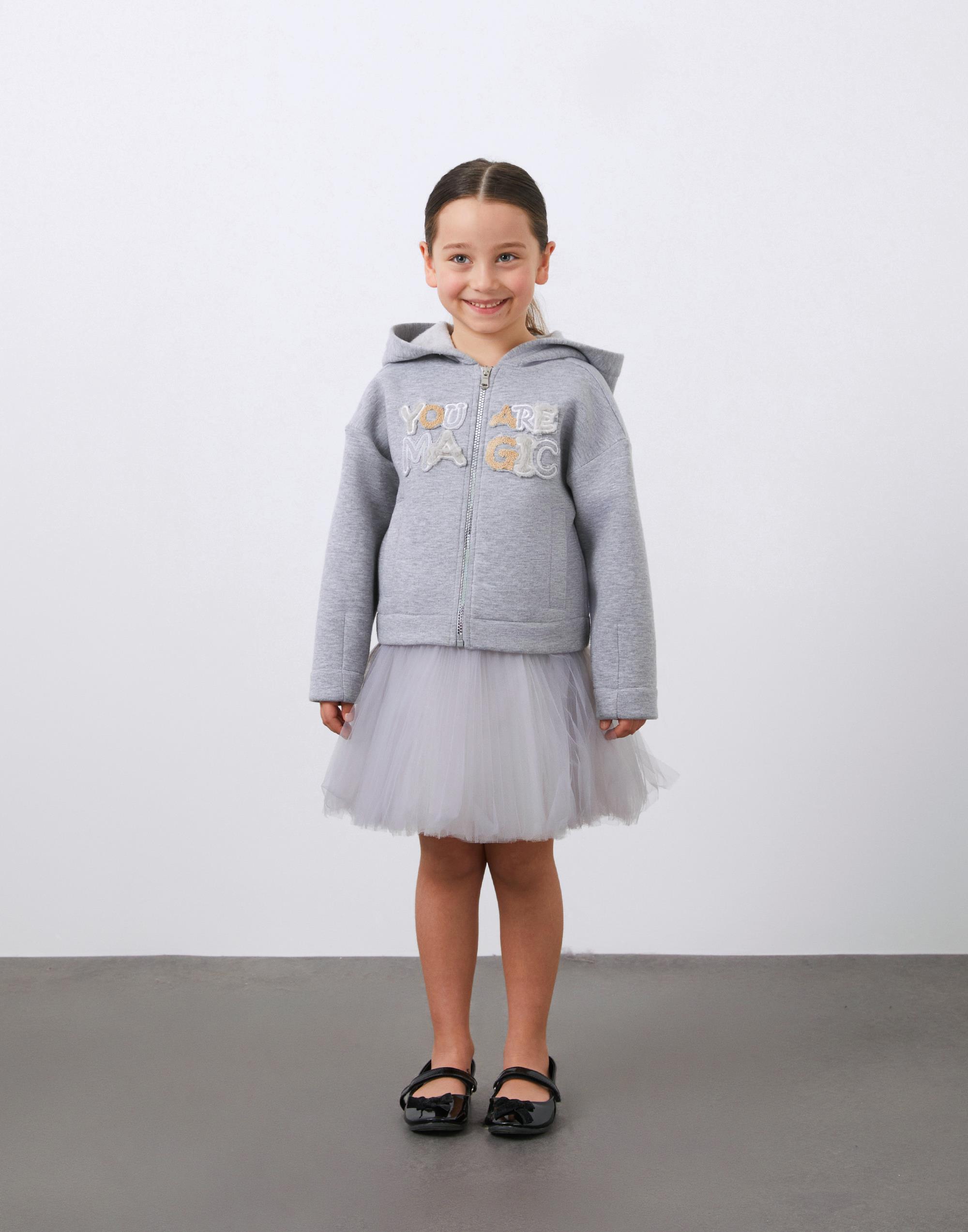 Ön Beden Nakış Detaylı Kapüşonlu Gri Kız Çocuk  Hırka - junior, designer dresses, bachelorette, party dresses and graduation dresses.