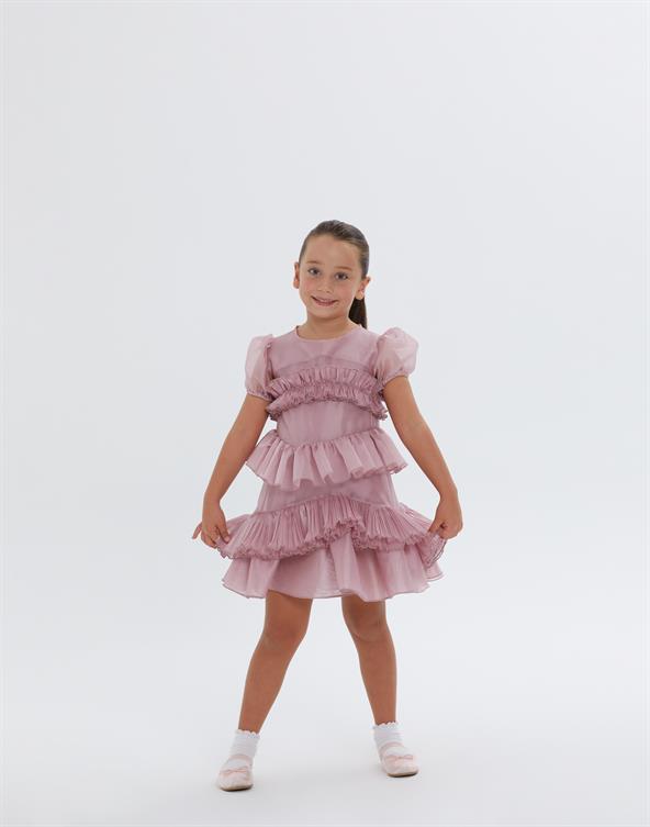 Fırfır Detaylı Kısa Kollu Pudra Mini Kız Çocuk Elbise - junior, designer dresses, bachelorette, party dresses and graduation dresses.