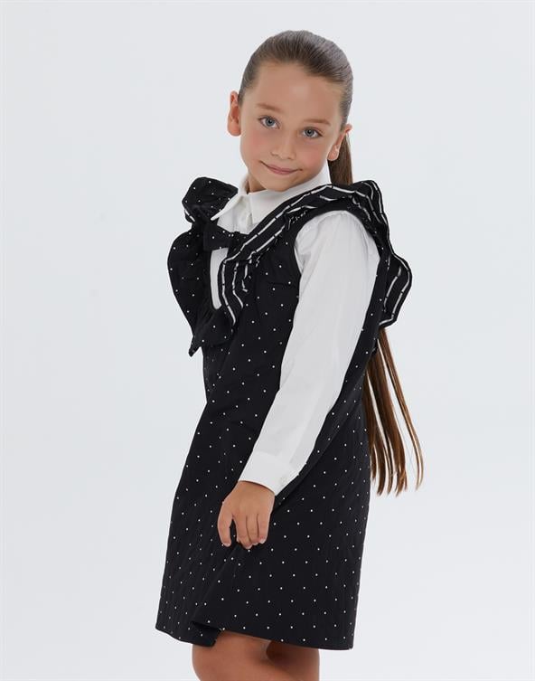 Yakası Fırfırlı Puantiyeli Siyah Gömlek Detaylı Kız Çocuk Elbise - junior, designer dresses, bachelorette, party dresses and graduation dresses.
