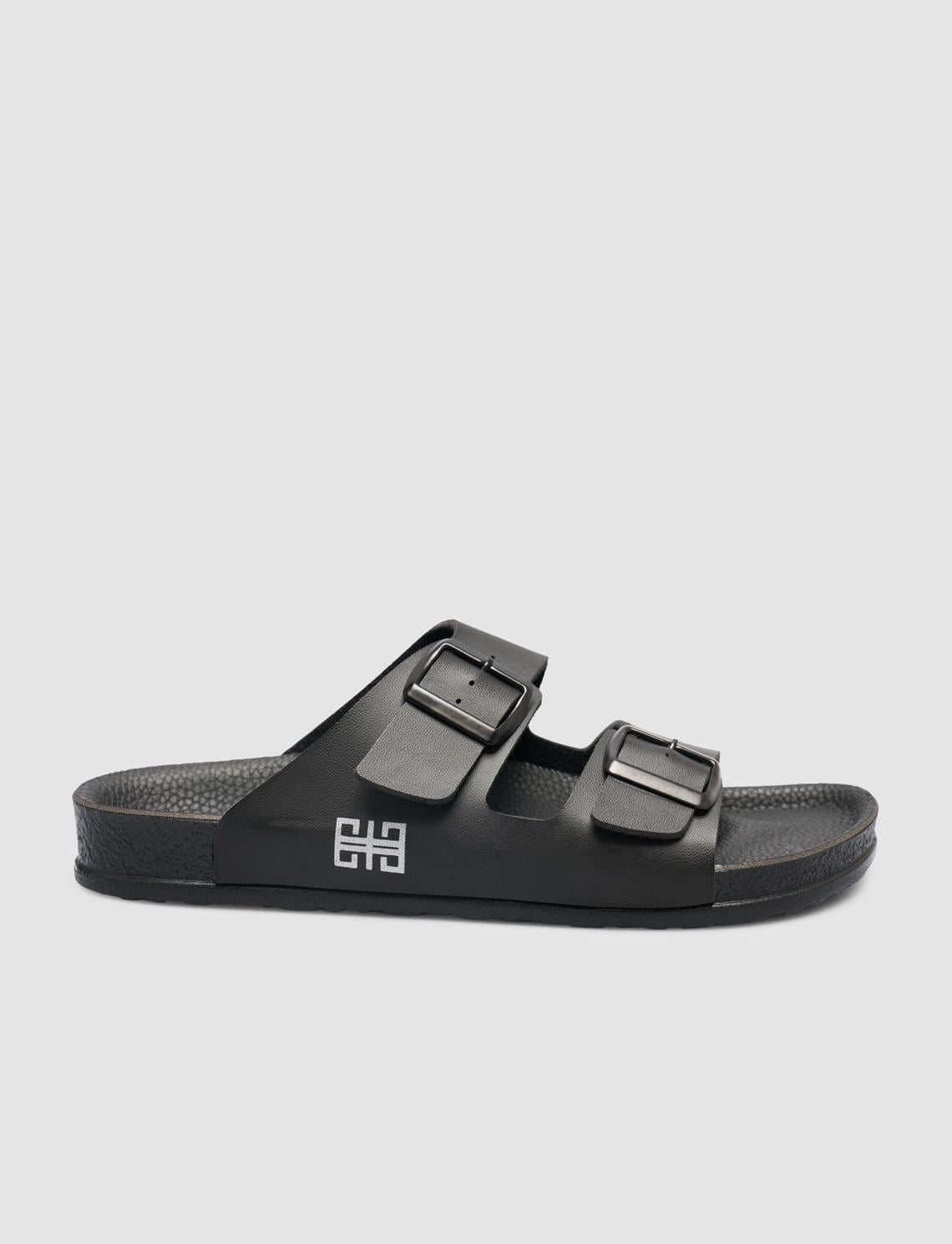Cabani Men 100% Genuine Leather Buckle Detailed Black Slippers l