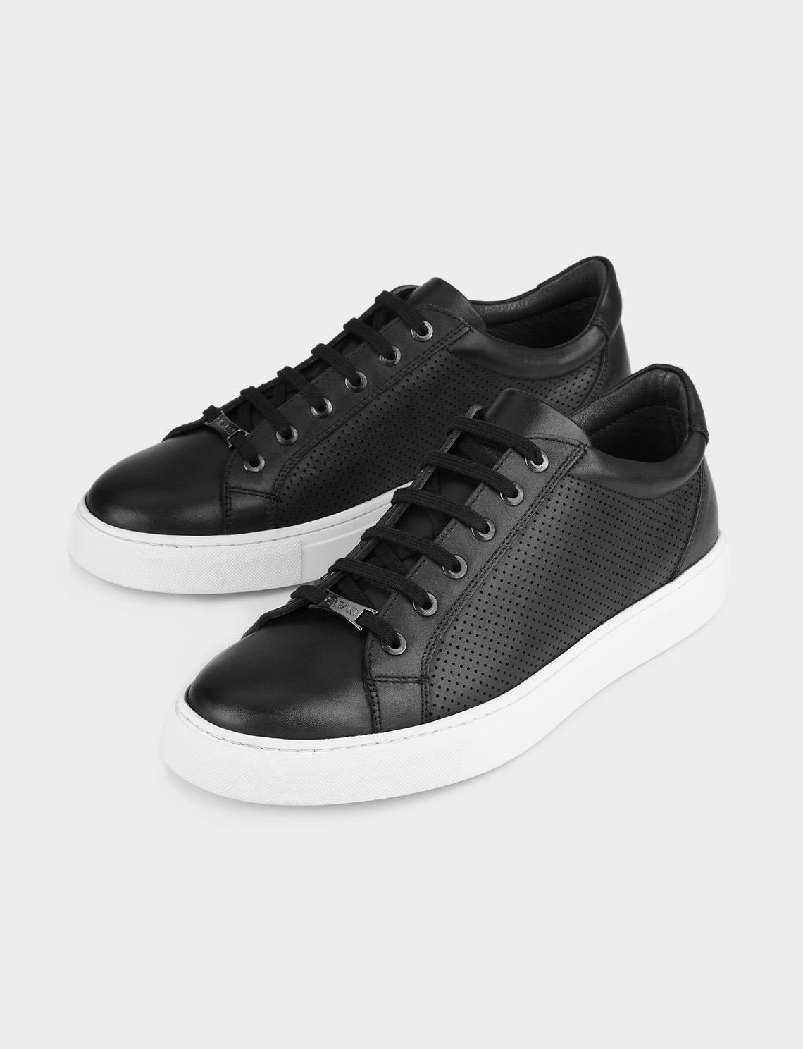 Men Black Genuine Leather Lace Up Low Top Sneakers