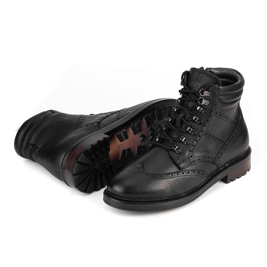 Men Black Genuine Leather Zipper Clousure Furry Boot