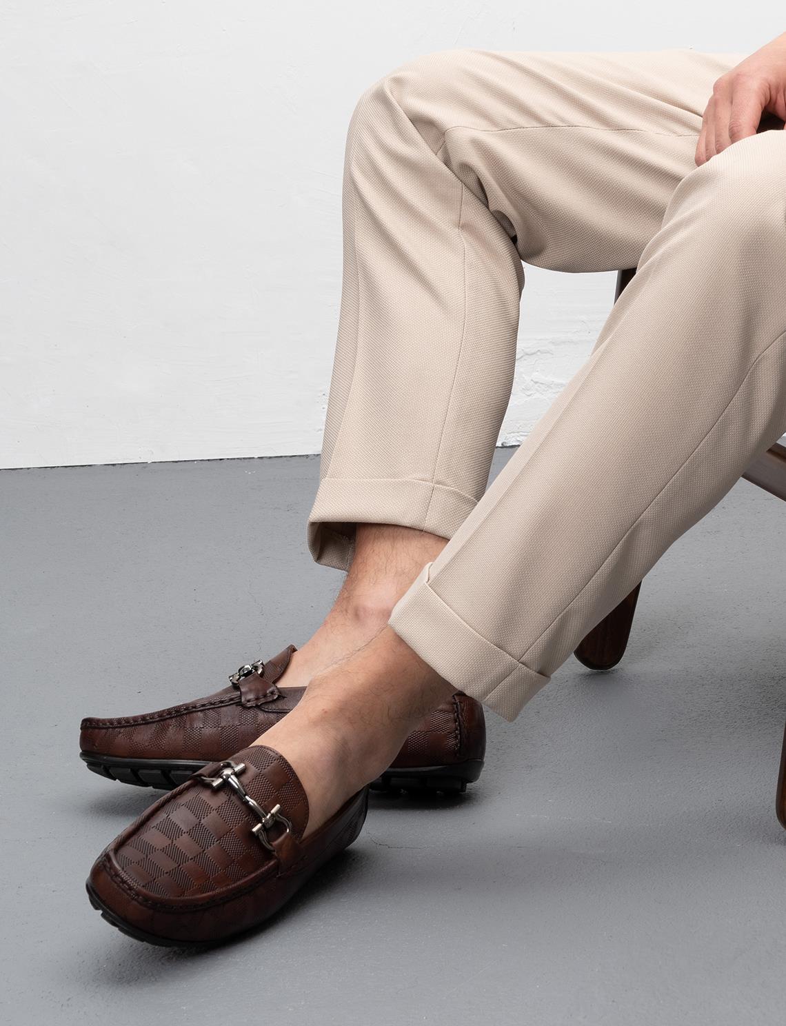 Hakiki Deri Kahverengi Ekose Detaylı Erkek Loafer Ayakkabı | Cabani