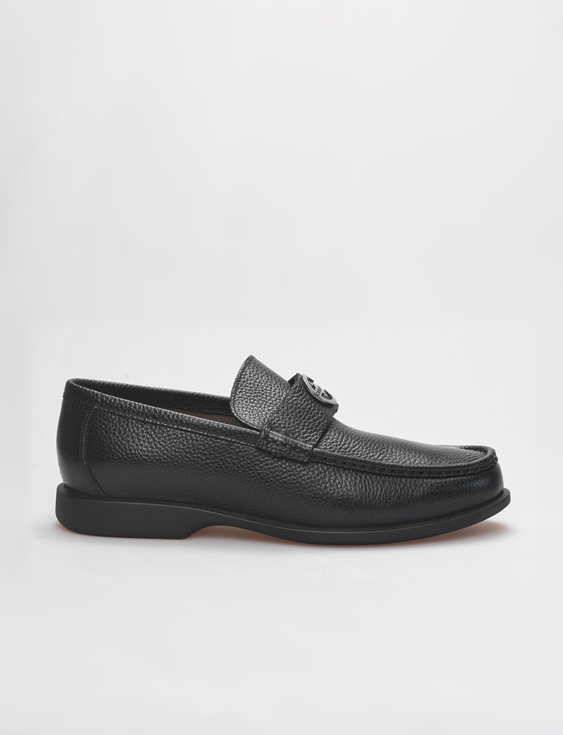 Men Black Genuine Leather Metal Decor Loafers