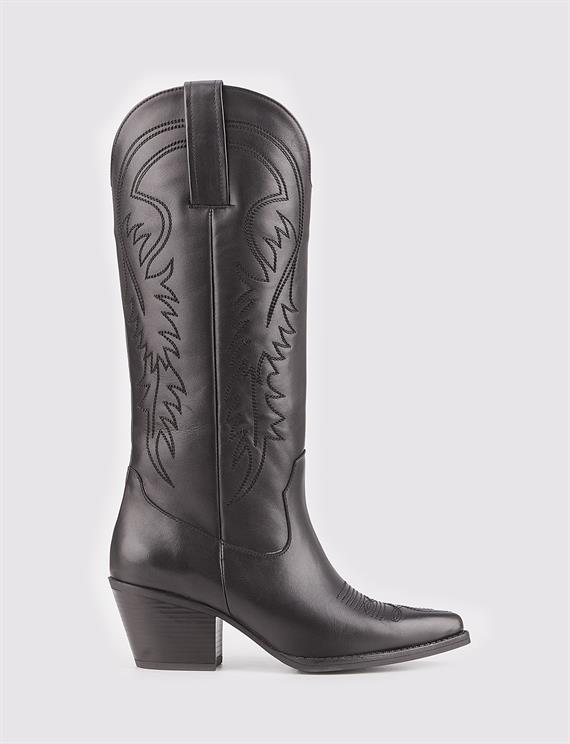 Women Black Genuine Leather Cowboy Boots