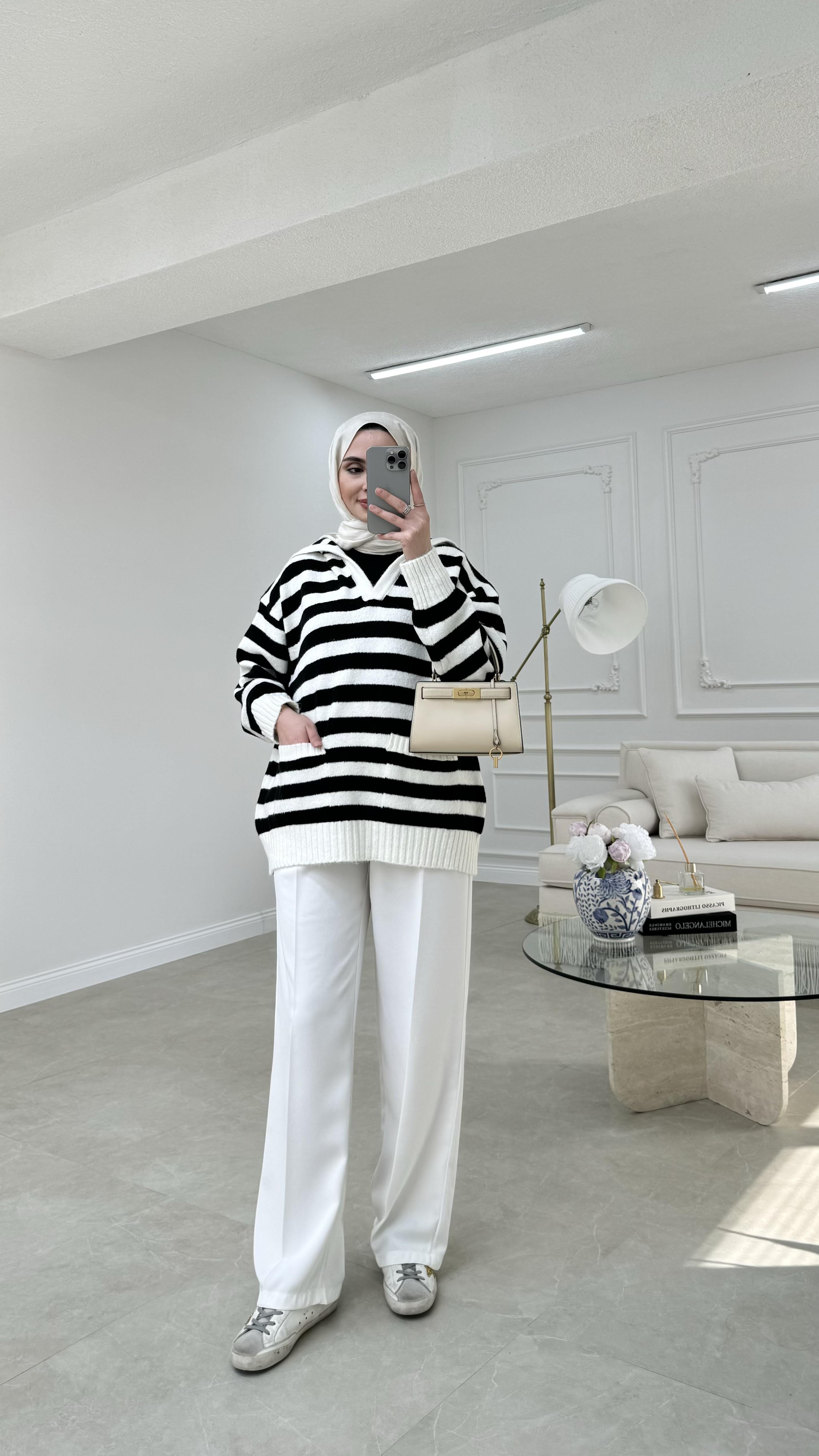 Çizgili V Yaka Triko Lacivert 