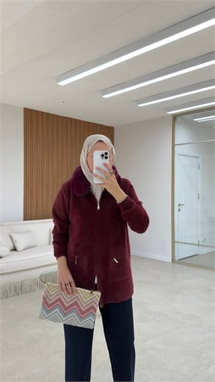 Angora Kürklü Hırka Bordo
