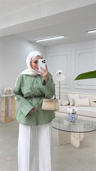 Çizgili Poplin Gömlek Yeşil