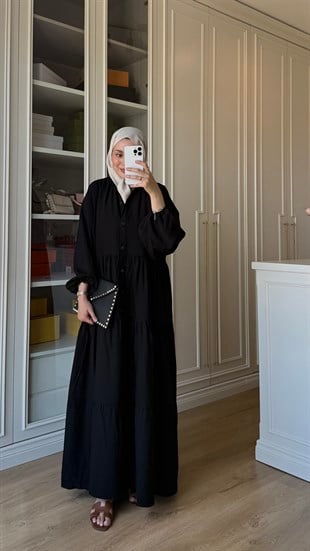V Yaka Krinkıl Elbise Siyah