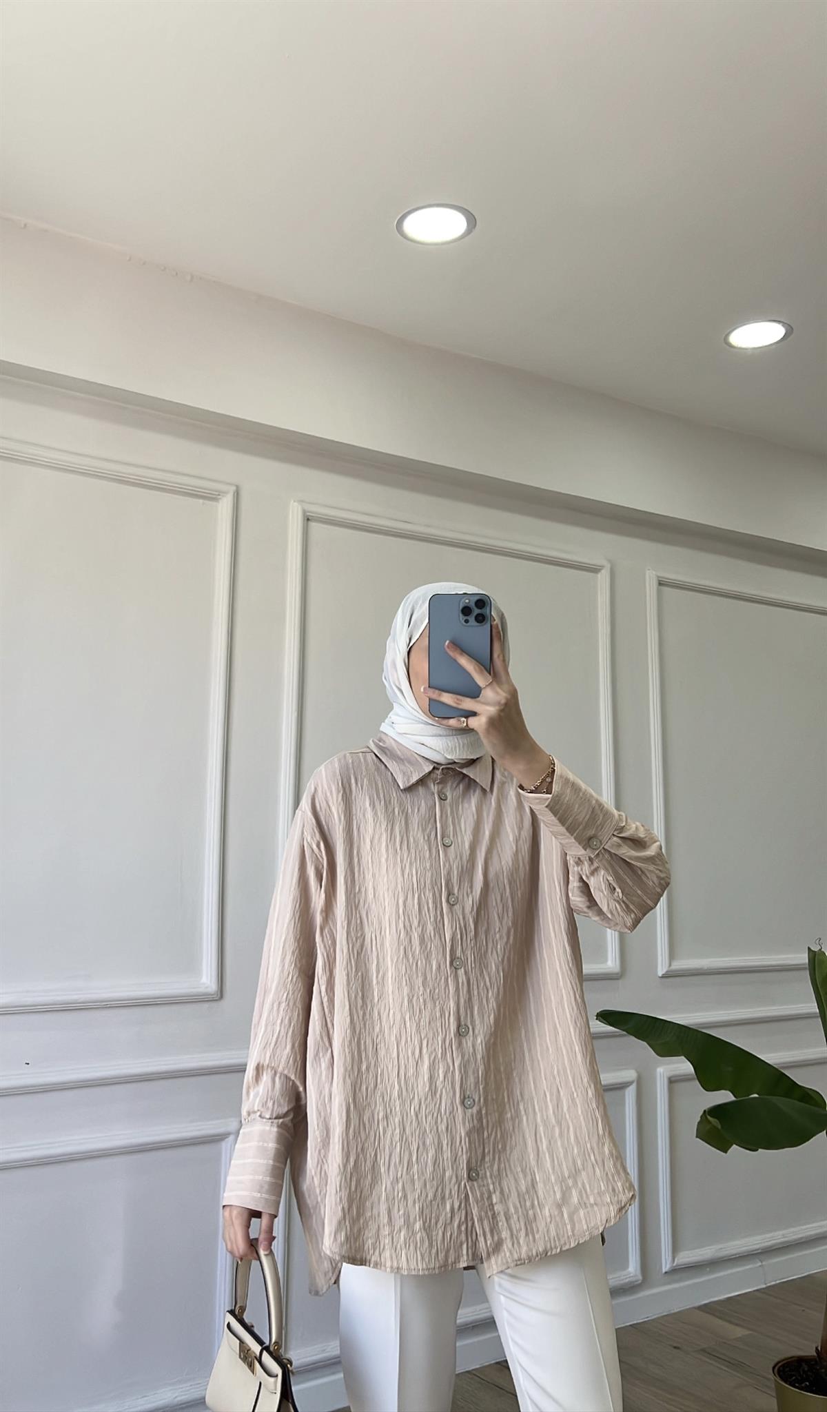  Ella Çizgili Gömlek - Bej