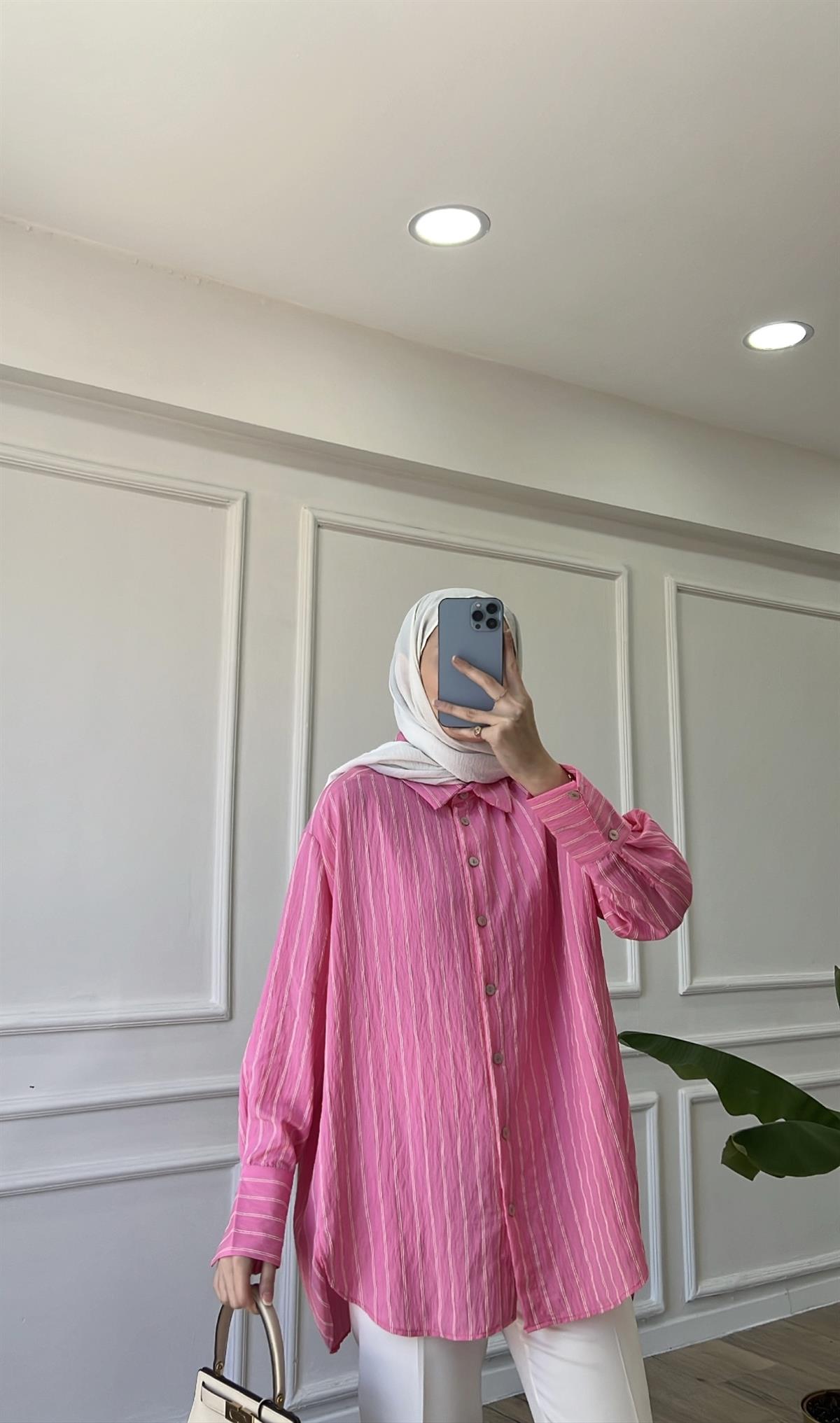 Ella Çizgili Gömlek - Pembe